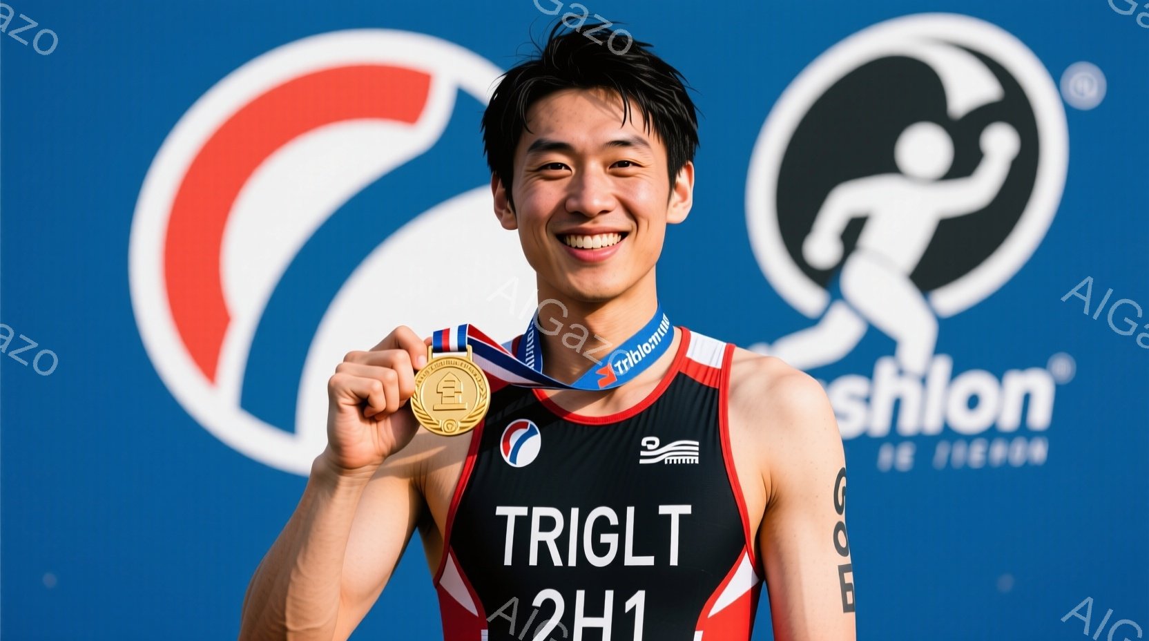 黒いトライアスロンウェアを着た若い男性が、金色のメダルを首から下げて笑顔でこちらを見ている。彼は短く整えられた黒髪で、引き締まった体つきをしている。背景にはトリガーとフィットネス関連のロゴが描かれた青 - AI生成フリー素材