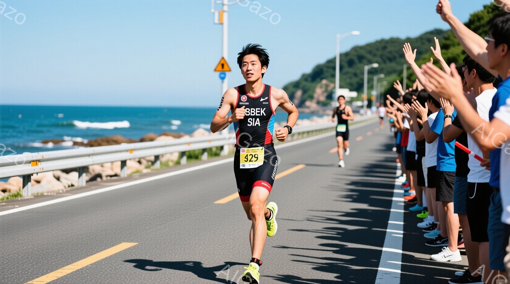 競技者がアスファルトの道路を疾走している様子が写っている。彼は黒いトライスーツに蛍光緑のシューズを履き、短く整えられた髪型で、集中した表情で走っている。背景には青い海と観客席があり、晴れた空の下、活気 - AI生成フリー素材