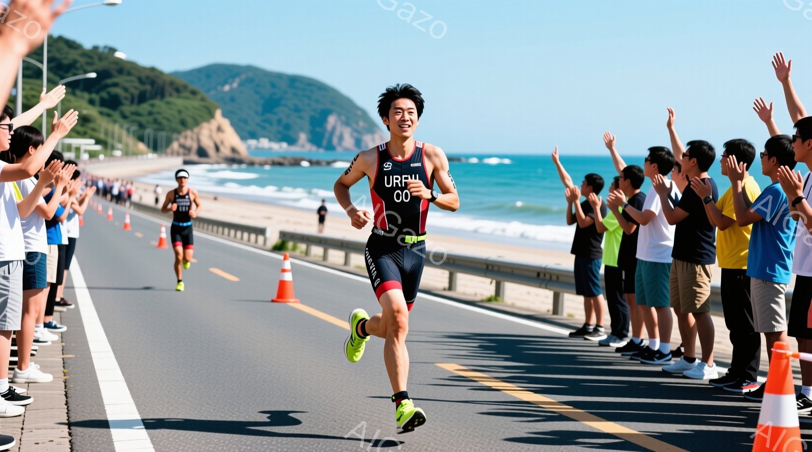 競技者が海岸沿いの道路を走っている様子が写っている。黒のトライスーツに鮮やかな赤いラインが入っており、緑色のランニングシューズを履いている。背景には青い海と緑豊かな山々が広がり、沿道には応援する人々が - AI生成フリー素材