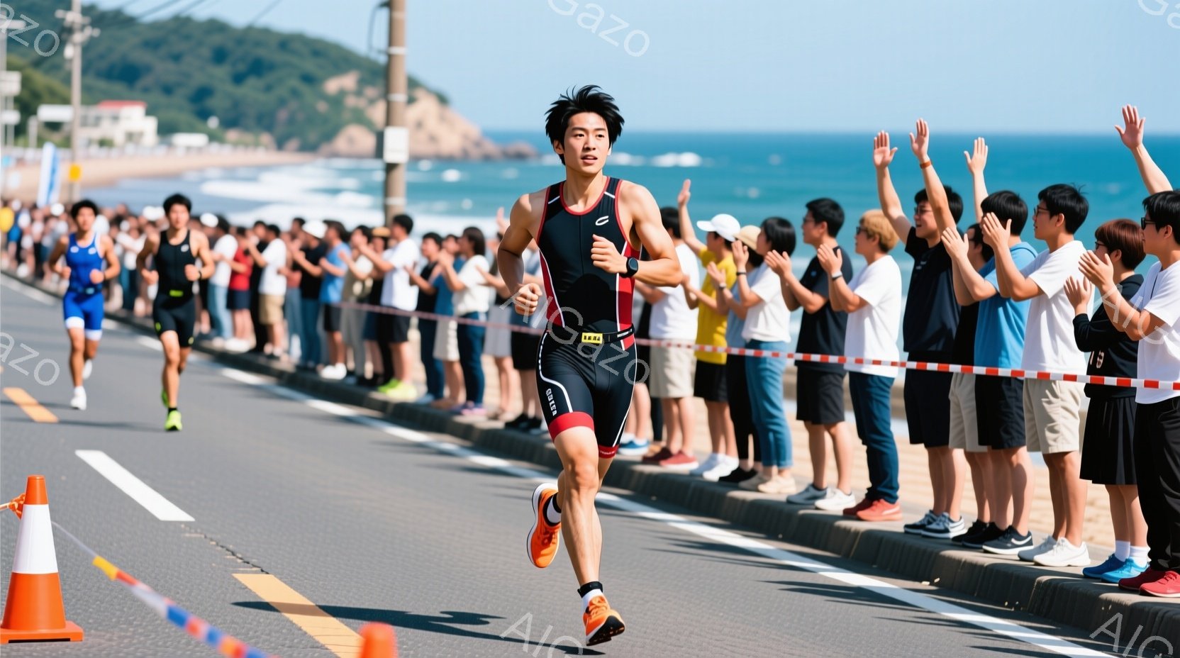 トライアスロン競技者がアスファルトの道路を走っている様子が写っている。彼は黒と赤のトライスーツと、オレンジ色のキャップを着用し、力強く前を見据えながら走っている。背景には、観客が沿道に立ち並び、青い海と緑の丘が見え、晴天の下、活気に満ちた競技の雰囲気が伝わる。