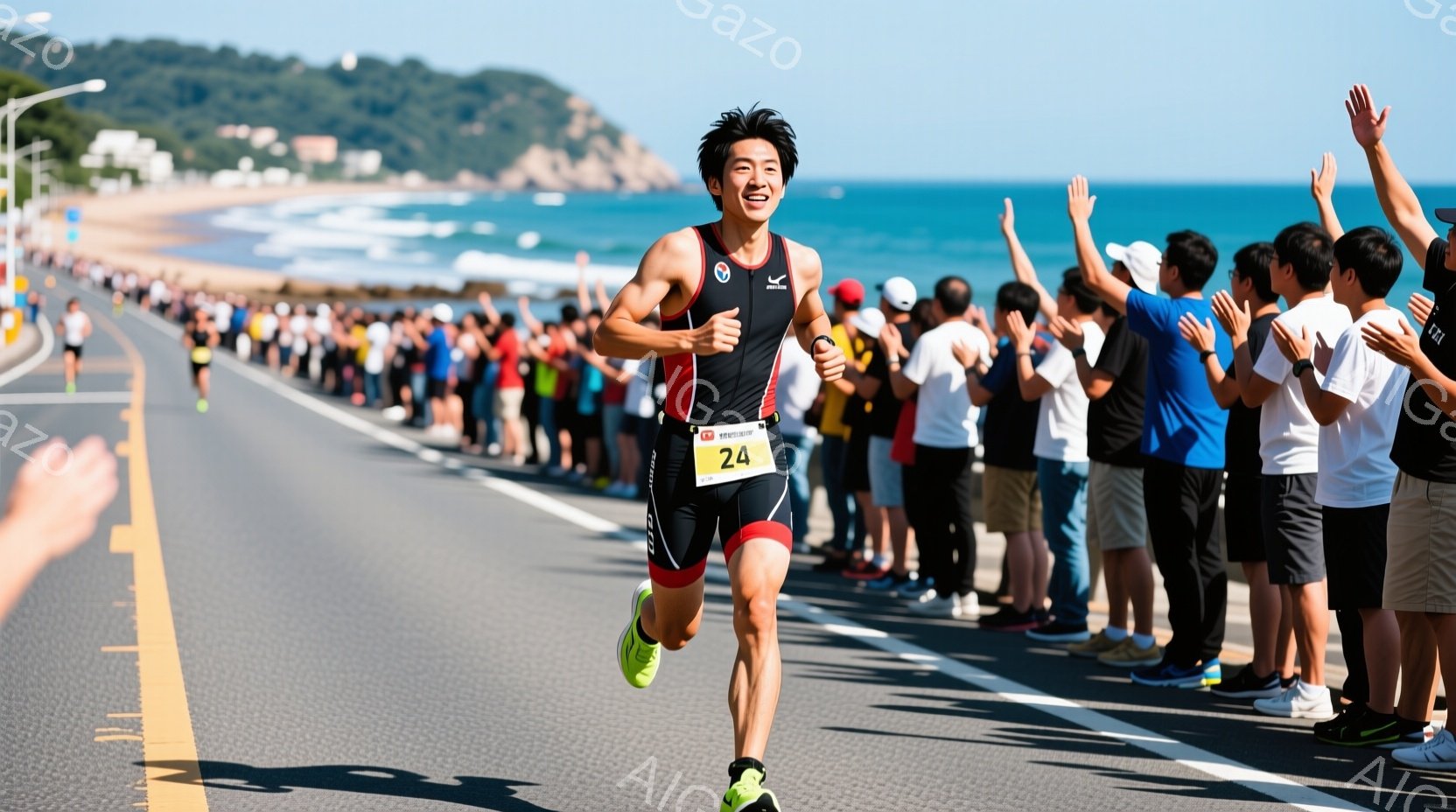 マラソン競技中の男性ランナーが写っている。彼は黒と赤のトライスーツ、緑色のランニングシューズを着用し、額には汗が光っている。背景には青い海と砂浜、沿道には応援する人々が並び、晴天の下、活気のある雰囲気 - AI生成フリー素材