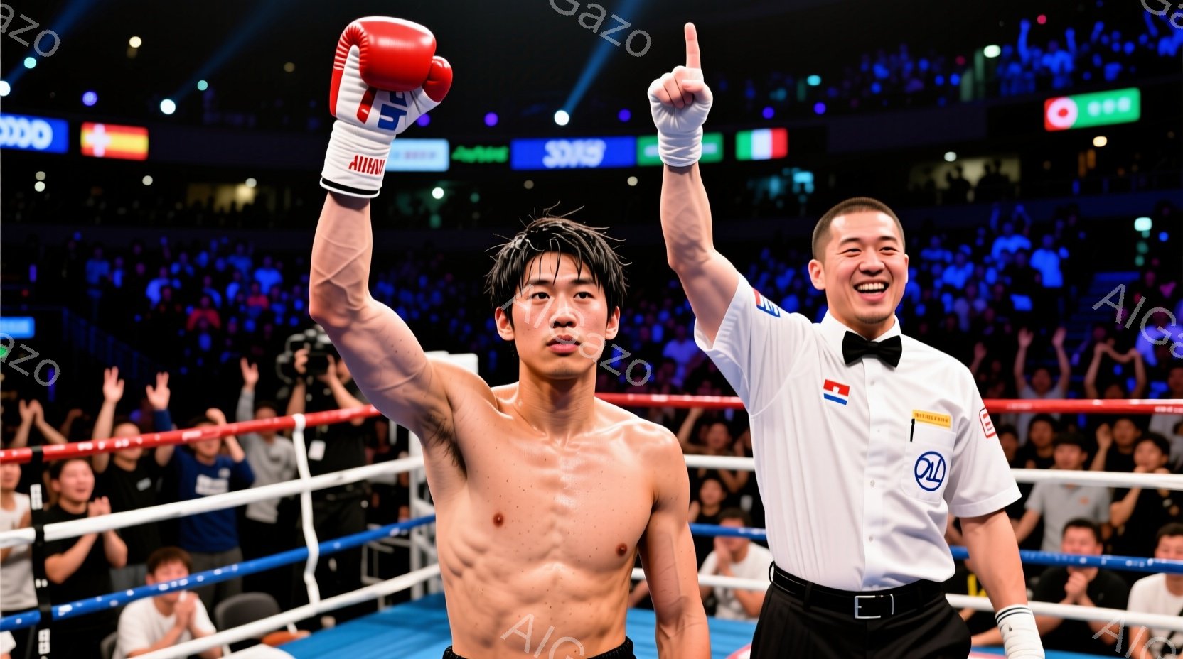ボクシングリングの中心に立つ男性ボクサーは、片手を高く上げ、勝利をアピールしている。彼は上半身裸で、黒いショートヘア、そして自信に満ちた表情をしている。リングのロープ越しには観客が写っており、背景にはリングの照明と広告が確認できる、興奮と熱気が伝わる様子だ。