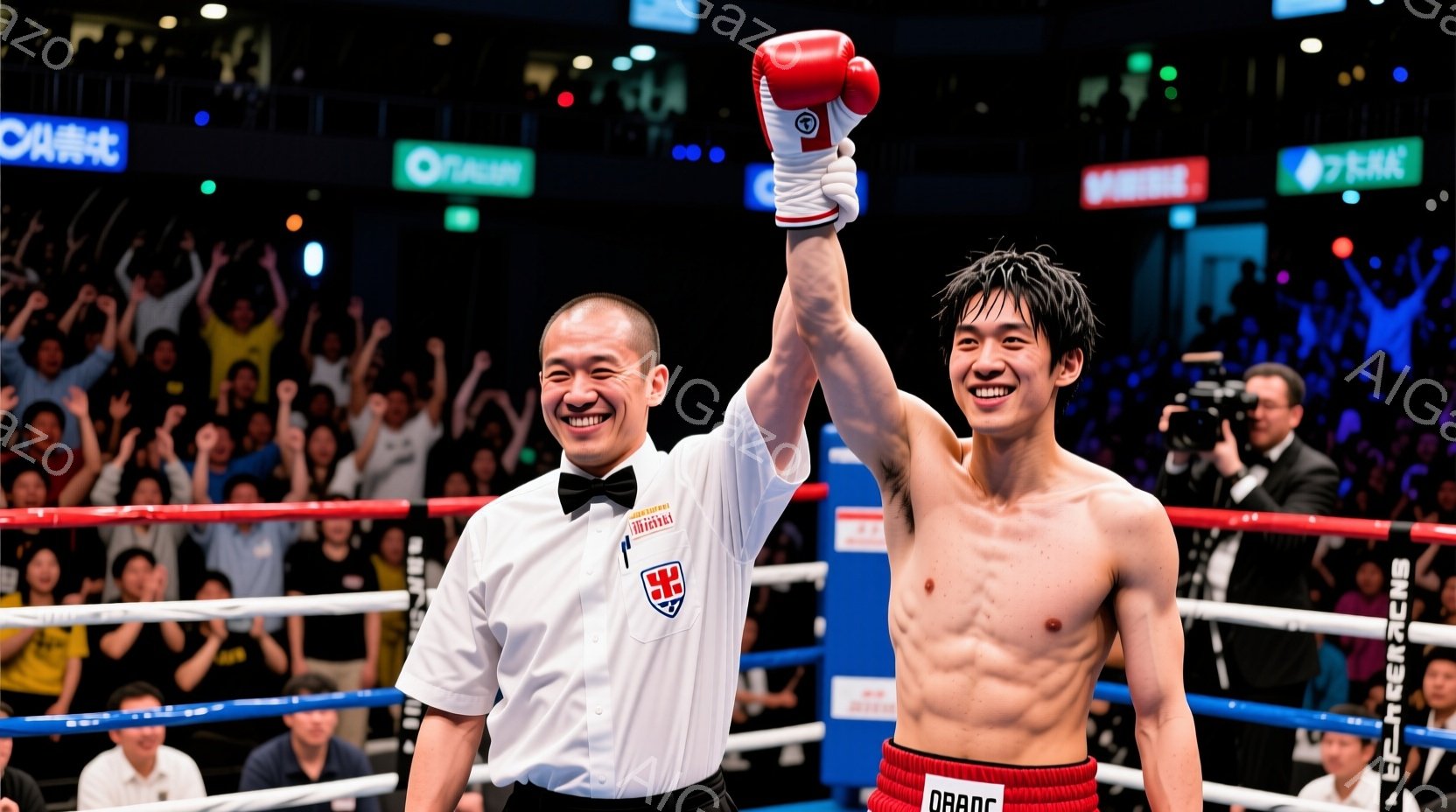 リングの上で、ボクサーが片手を高く上げ、勝利をアピールしている様子が写っている。彼は上半身裸で、引き締まった筋肉が露出しており、短い黒髪に満面の笑みを浮かべている。背景には観客席が広がり、興奮した観客とリングアナウンサーがおり、会場全体が熱気に包まれている。