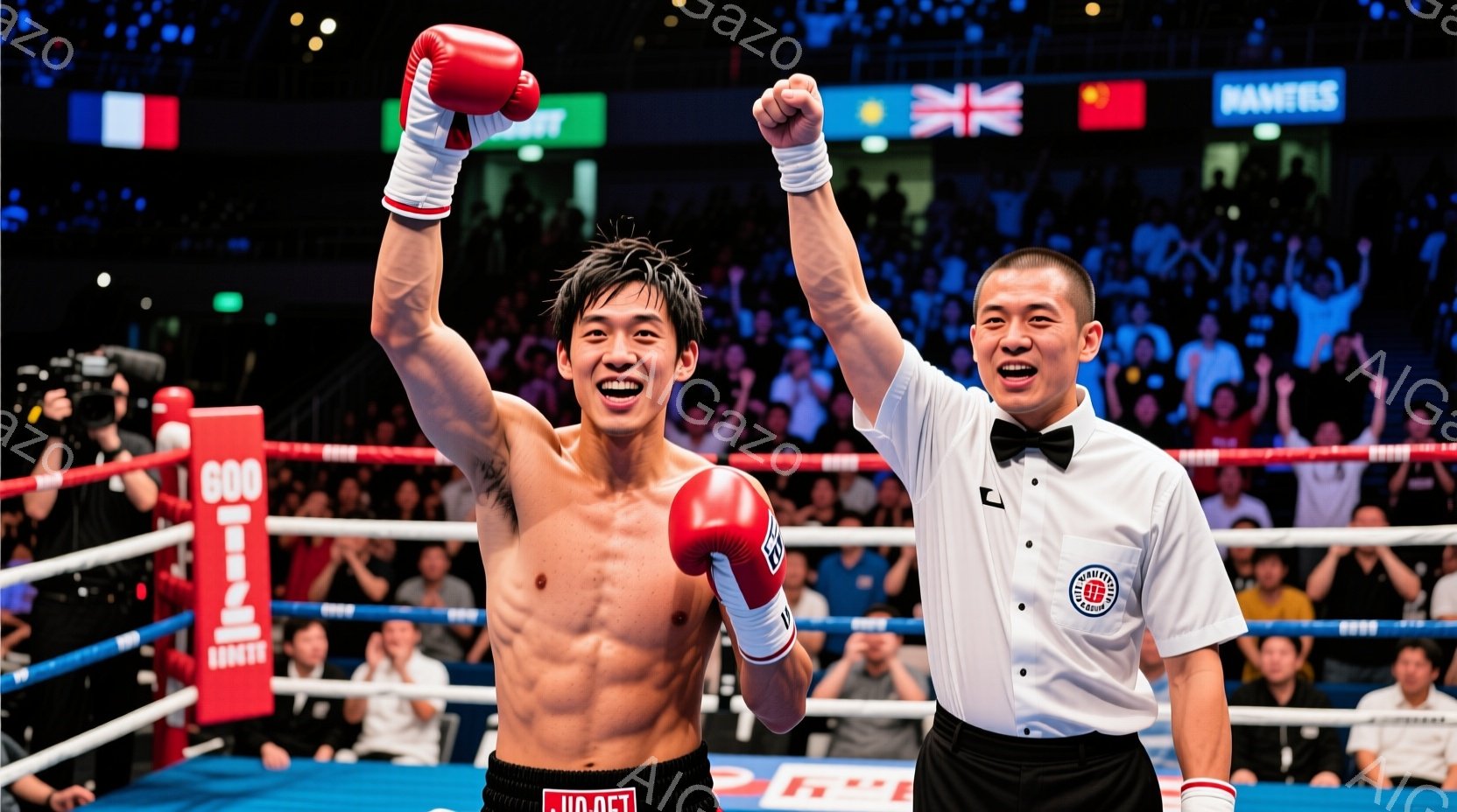 ボクシングリングの中心で、上半身裸の若い男性ボクサーが両手を高く上げ、勝利を喜んでいます。彼は短い黒髪で、満面の笑みを浮かべ、赤いボクシンググローブと赤いショーツを着用しています。背景には観客席が広が - AI生成フリー素材