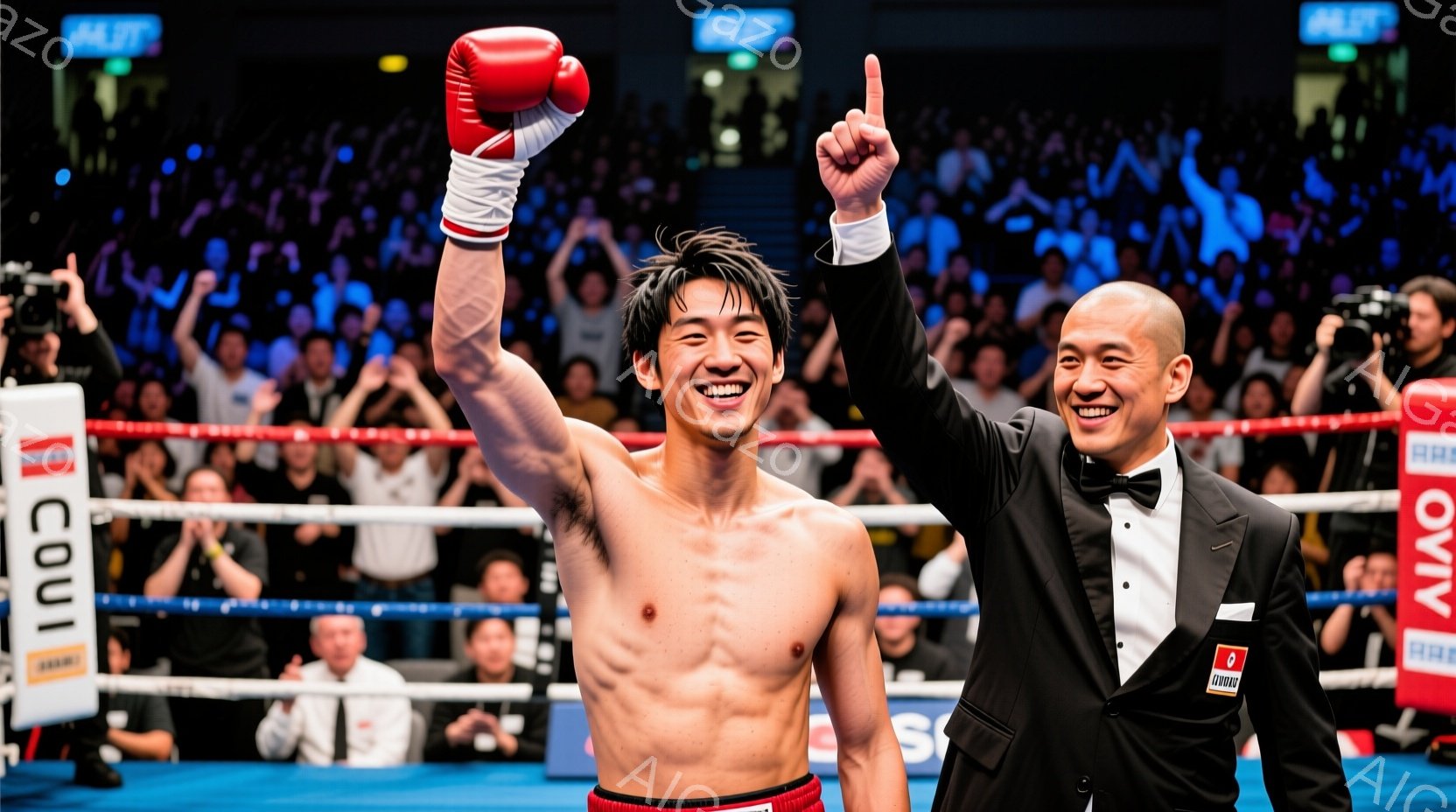 リング中央で、ボクサーは両手を高く上げ、勝利を喜んでいる様子が伺える。彼はボクシングショーツと赤いボクシンググローブを身に着け、笑顔を見せている。背景には観客席が広がり、興奮した雰囲気が伝わってくる。 - AI生成フリー素材