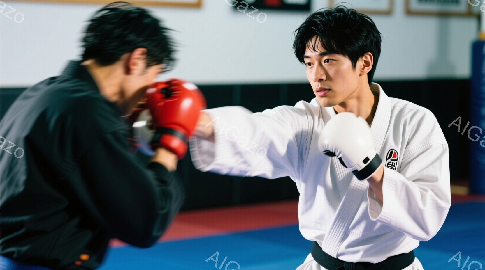 空手着を着た若い男性が、赤いボクシンググローブをはめた相手に右ストレートを繰り出している様子が写っている。彼は黒い帯をしており、真剣な表情で構え、相手の攻撃を防御するような姿勢をとっている。背景は畳の武道場であり、壁には書道や絵が飾られており、トレーニングに集中した雰囲気が漂う。