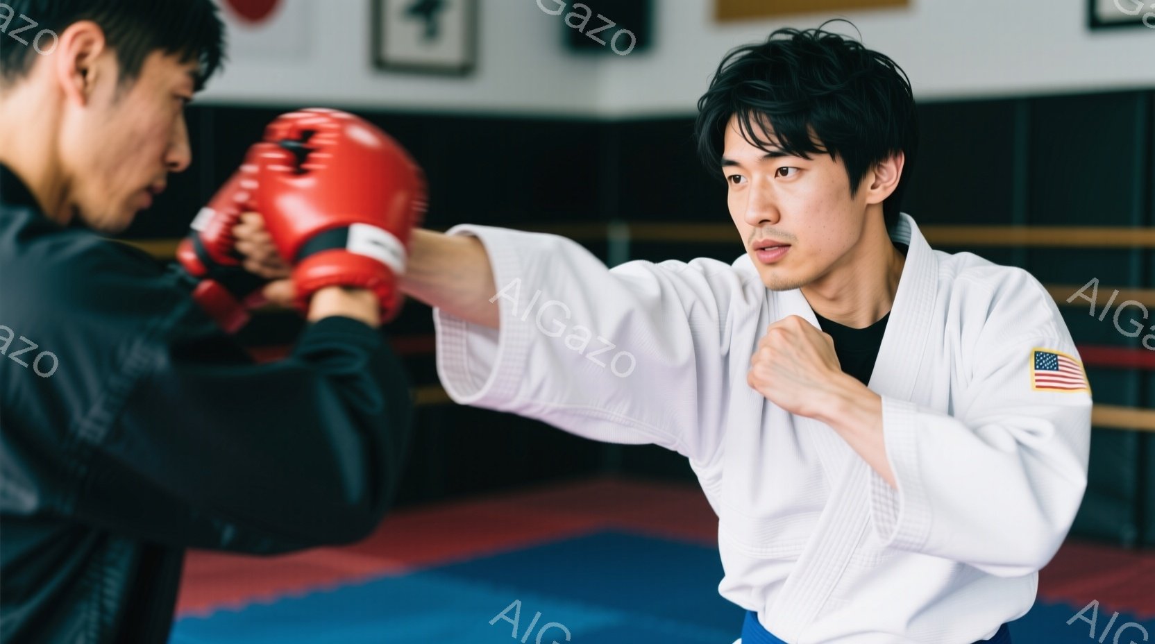 白い柔道着を着た男性が、練習相手に向かって右ストレートを繰り出している様子が写っている。彼の表情は真剣で、構えはしっかりとしている。背景は青いマットの柔道場であり、壁にはいくつかの装飾が見える。