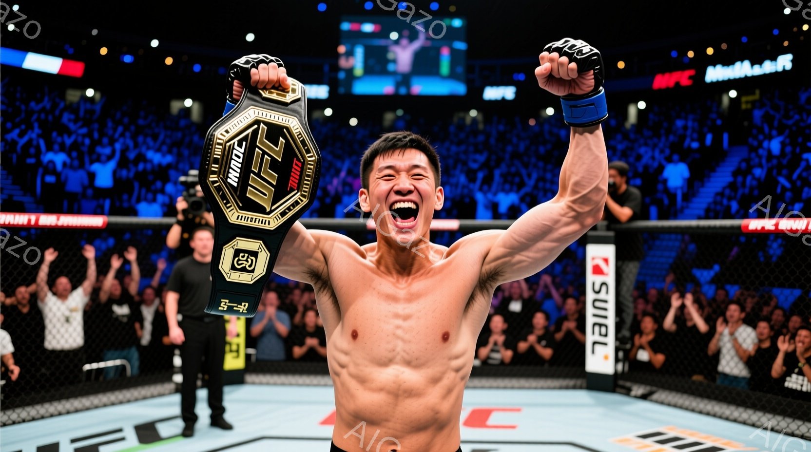 鮮やかな照明が照らすオクタゴンの中で、一人の男性が勝利を確信した表情で両腕を高く上げている。彼は上半身裸で、黒いヘアスタイル、そして勝利の喜びを表す力強い表情を浮かべている。背景には観客席がぼやけて写 - AI生成フリー素材