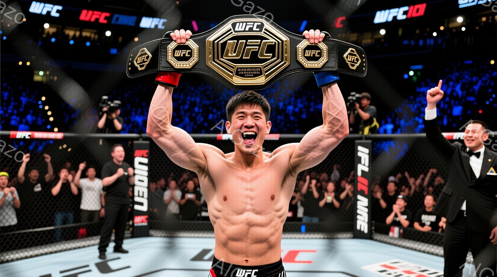 男はUFCチャンピオンベルトを両手で高く掲げ、勝利の喜びを爆発させている。鍛え上げられた肉体を露出し、短髪に整髪されている。背景には観客席とUFCのロゴが確認でき、照明が明るく、興奮に満ちた雰囲気が伝 - AI生成フリー素材