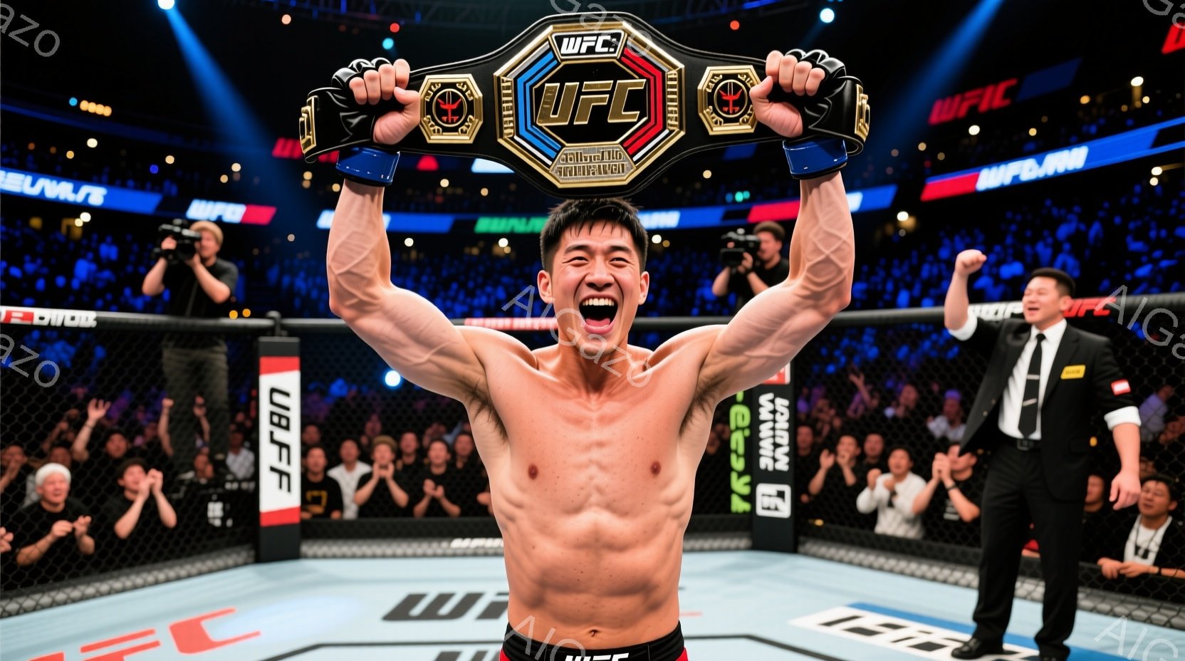 男手は、UFCチャンピオンベルトを両手で高く掲げ、勝利の雄叫びを上げている。筋肉質な体躯を露わにし、短い黒髪に引き締まった表情で、リング中央で力強く立っている。背景には観客席やリングスタッフが見え、会場全体が興奮と熱気に包まれている。