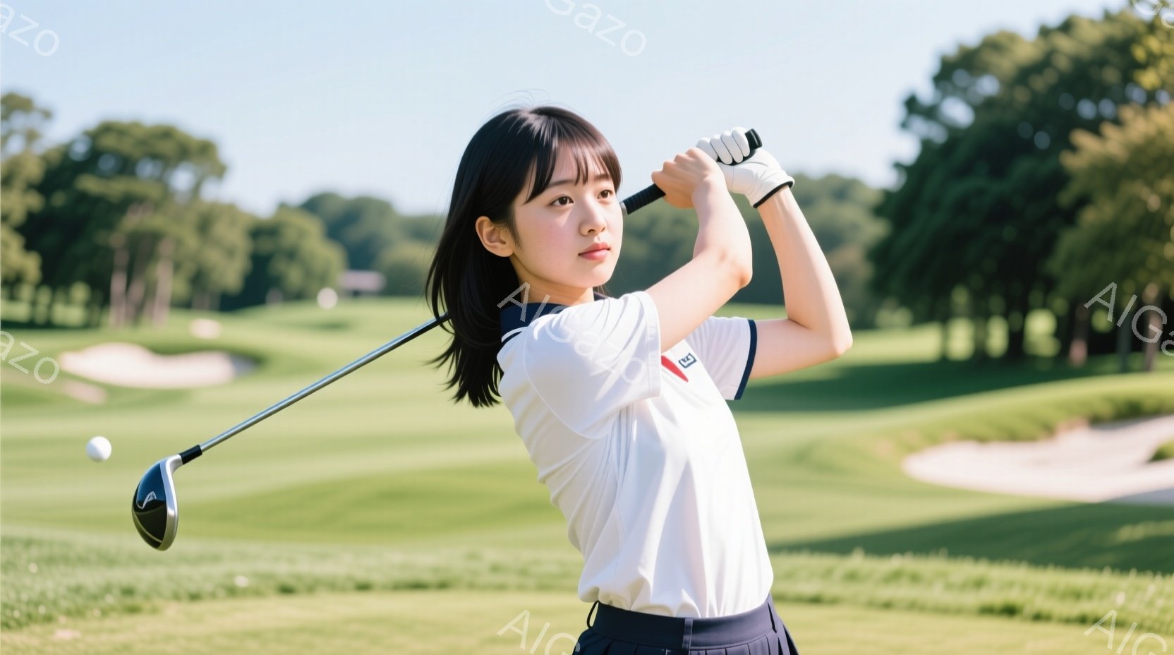 若い女性ゴルファーがスイングをしている様子が写っています。白いポロシャツに濃い青色のスカートを着用し、黒髪を肩まで伸ばしたヘアスタイルです。背景は緑豊かなゴルフコースで、晴天の下、明るい日差しが差し込んでいます。