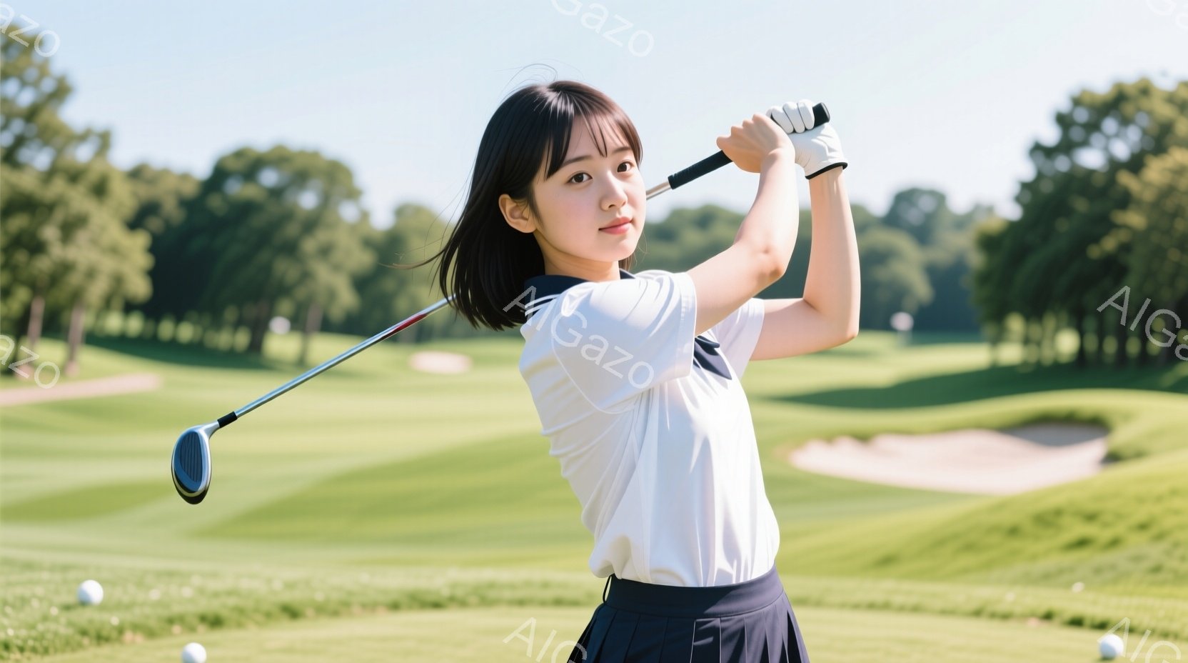若い女性ゴルファーがスイングの最中です。白地にネイビーのラインが入ったポロシャツと、紺色のスカートを着用し、髪は肩までの長さでストレートです。背景には緑豊かなゴルフコースが広がり、晴天の下、爽やかな雰 - AI生成フリー素材