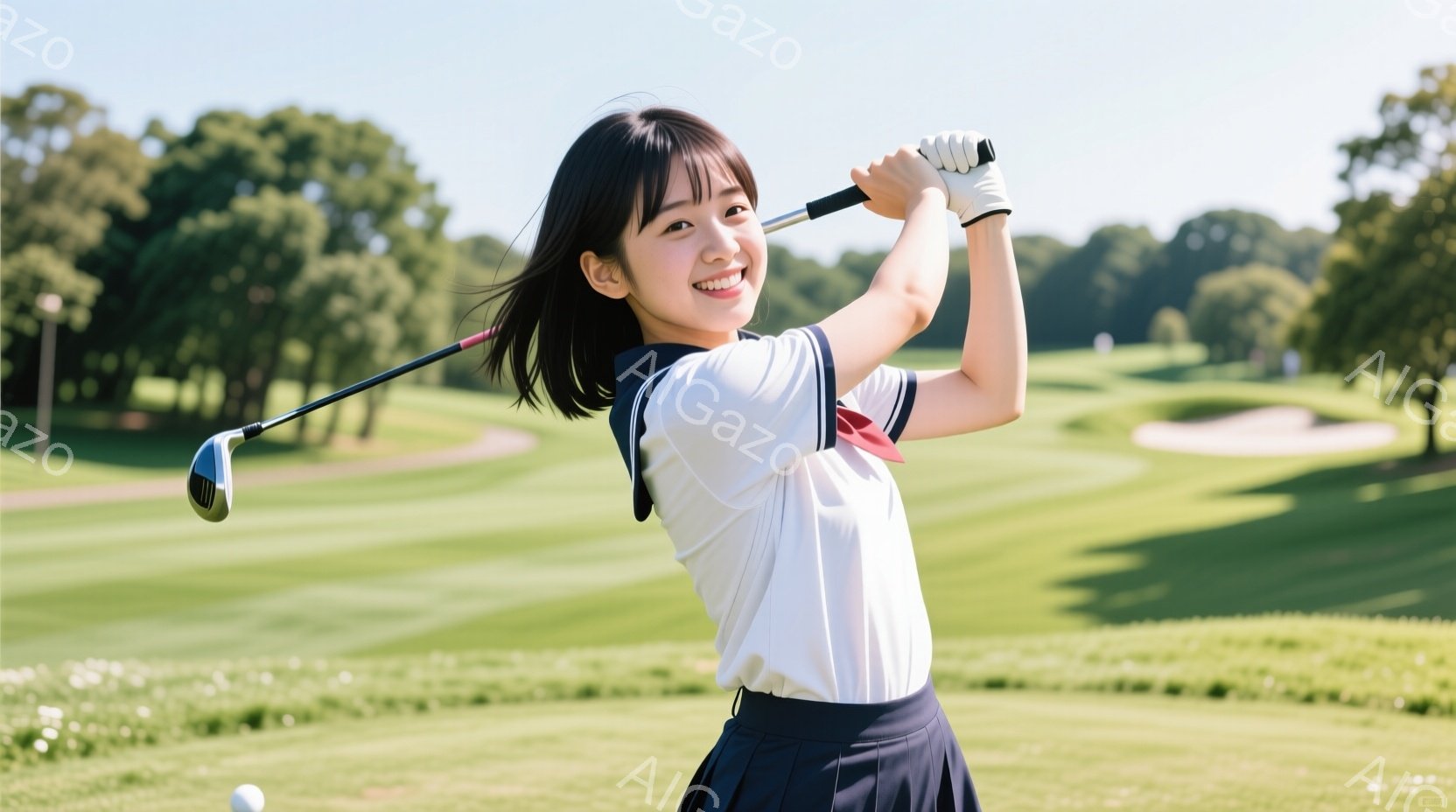 若い女性がゴルフのスイングをしている写真です。白いポロシャツと紺色のスカートを着用し、髪は肩まで伸びたストレートヘアで、笑顔を浮かべています。背景には緑豊かなゴルフコースが広がり、晴天の下で爽やかな雰 - AI生成フリー素材