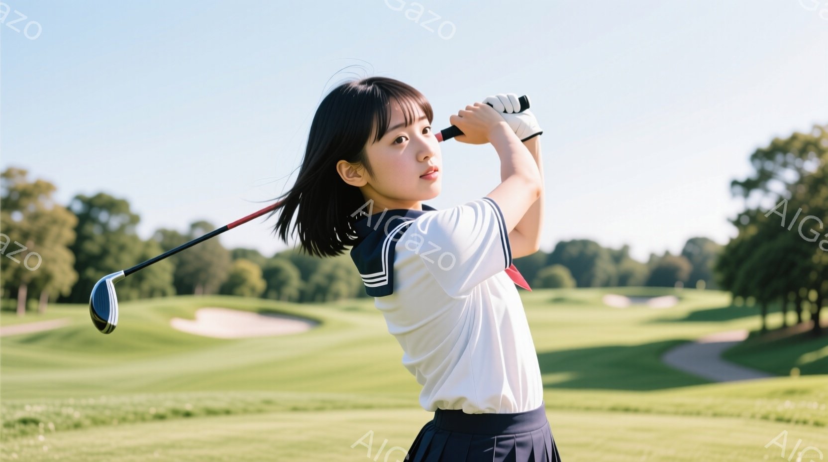 若い女性がゴルフスイングをしている写真です。白いポロシャツにネイビーの縁取り、紺色のスカートを着用し、髪を後ろで一つにまとめている。背景には緑豊かなゴルフコースが広がり、晴天の下、爽やかな印象を与える - AI生成フリー素材