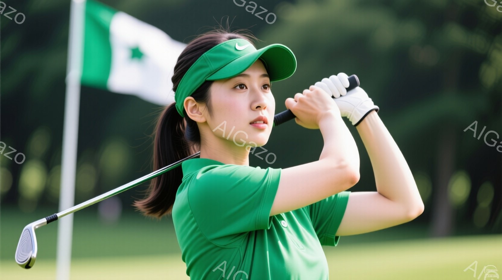 若い女性ゴルファーがスイングの最中です。緑色のポロシャツとキャップを着用し、茶色の髪はポニーテールにまとめています。背景には緑豊かなゴルフコースと、ぼやけた旗が見え、晴天の下、活気のあるゴルフの雰囲気 - AI生成フリー素材