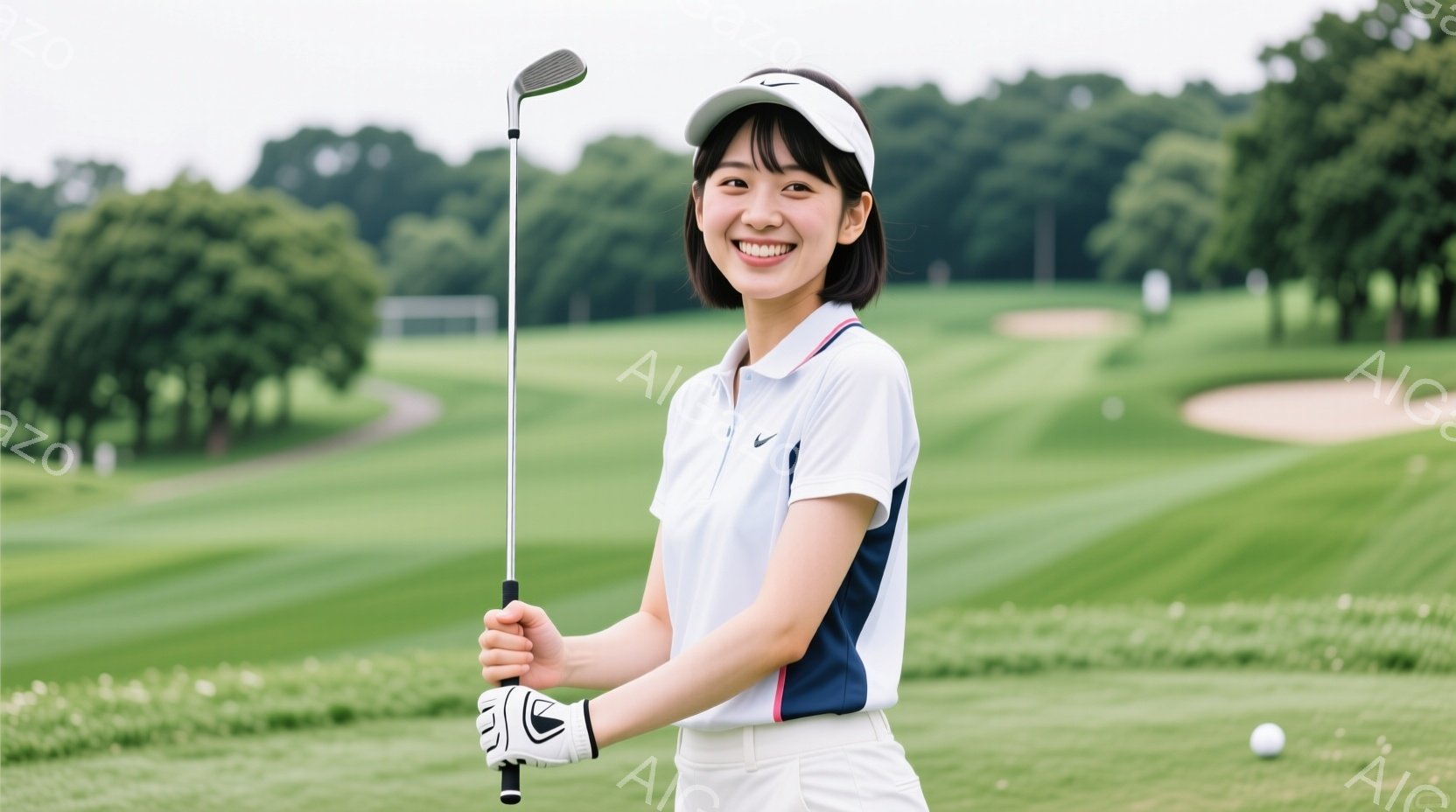 若い女性がゴルフコースでゴルフクラブを構え、正面を見つめて微笑んでいます。白地にネイビーのラインが入ったポロシャツと白いパンツを着用し、白い帽子をかぶっています。背景には緑豊かなゴルフコースが広がり、 - AI生成フリー素材