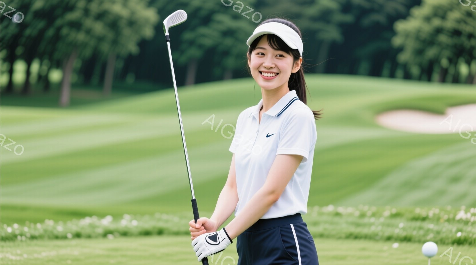 白いポロシャツに濃い青色のショートパンツを着用した女性が、ゴルフコースでゴルフクラブを持って立っている。彼女は明るい笑顔を浮かべ、片手を腰に当て、リラックスした姿勢を見せている。背景には緑豊かなゴルフコースが広がり、天候は晴れで、全体的に爽やかで明るい雰囲気が漂っている。
