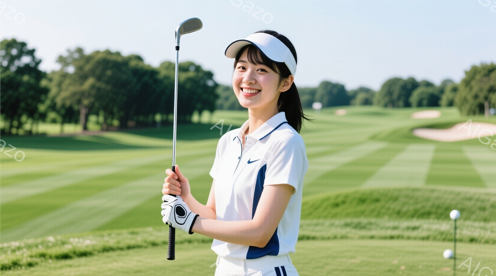 若い女性ゴルファーが、緑豊かなゴルフ場のフェアウェイに立っている。白いポロシャツに、白いスカート、そして白い帽子を着用し、片手にゴルフクラブを持ち、満面の笑顔を浮かべている。背景には、緑の芝生、木々、そして晴天が広がり、爽やかな夏の日のゴルフを楽しんでいる雰囲気が伝わってくる。