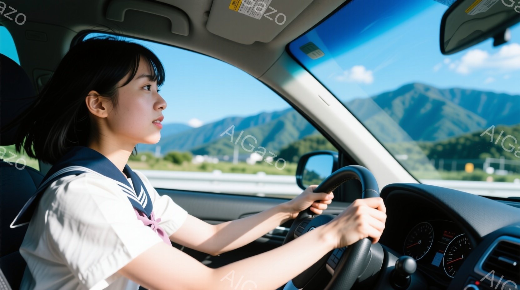 白いシャツにネイビーのスカーフをかけた若い女性が、運転席でハンドルを握り、前方をじっと見つめています。彼女は黒髪で、少し微笑んでいるように見えます。背景には、晴れた空の下、緑豊かな山々と高速道路が広が - AI生成フリー素材
