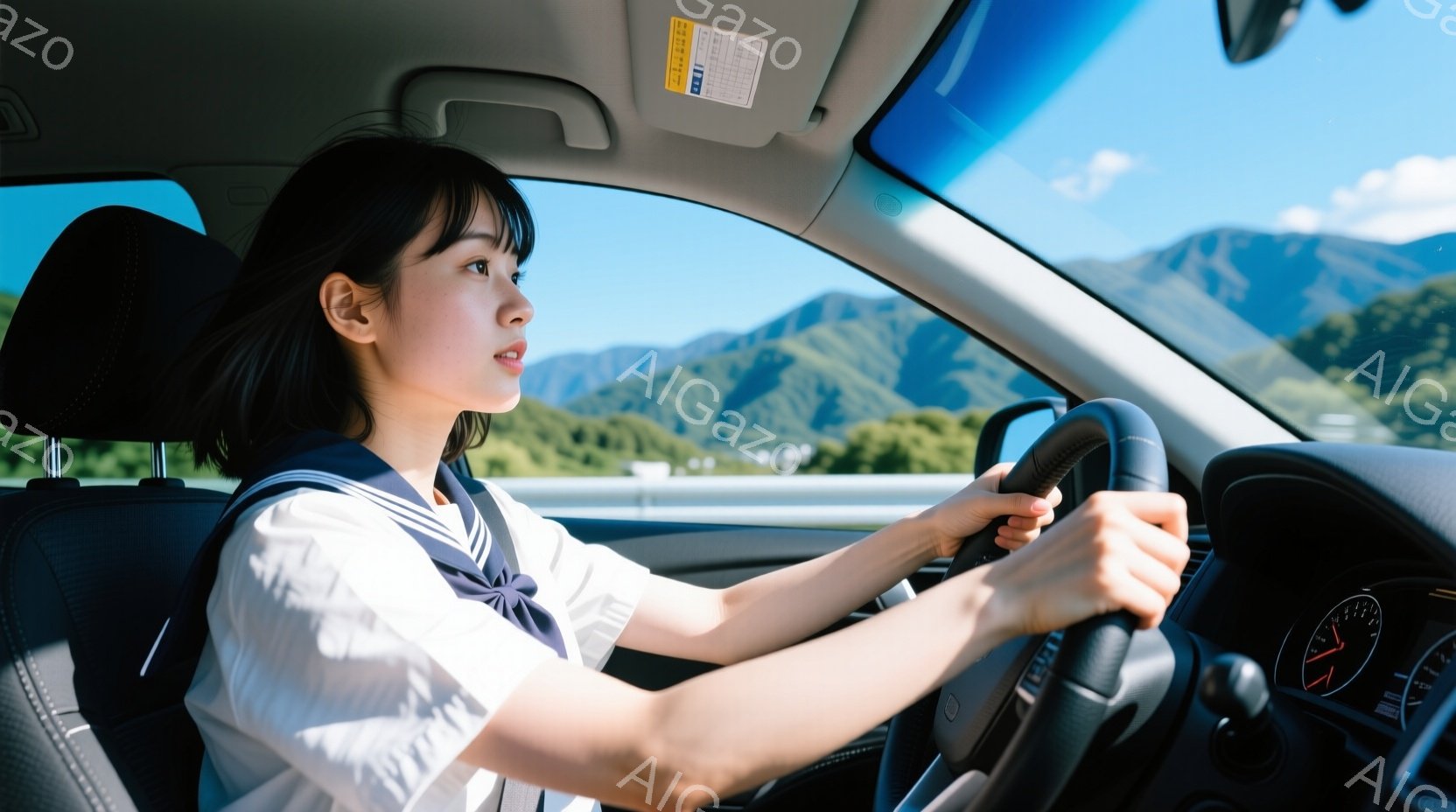 制服姿の若い女性が運転している様子が写っています。彼女は短い黒髪で、少し微笑みを浮かべながら前方を凝視し、真剣な表情でハンドルを握っています。背景には青空と緑豊かな山々が広がり、晴天の下、爽やかなドラ - AI生成フリー素材