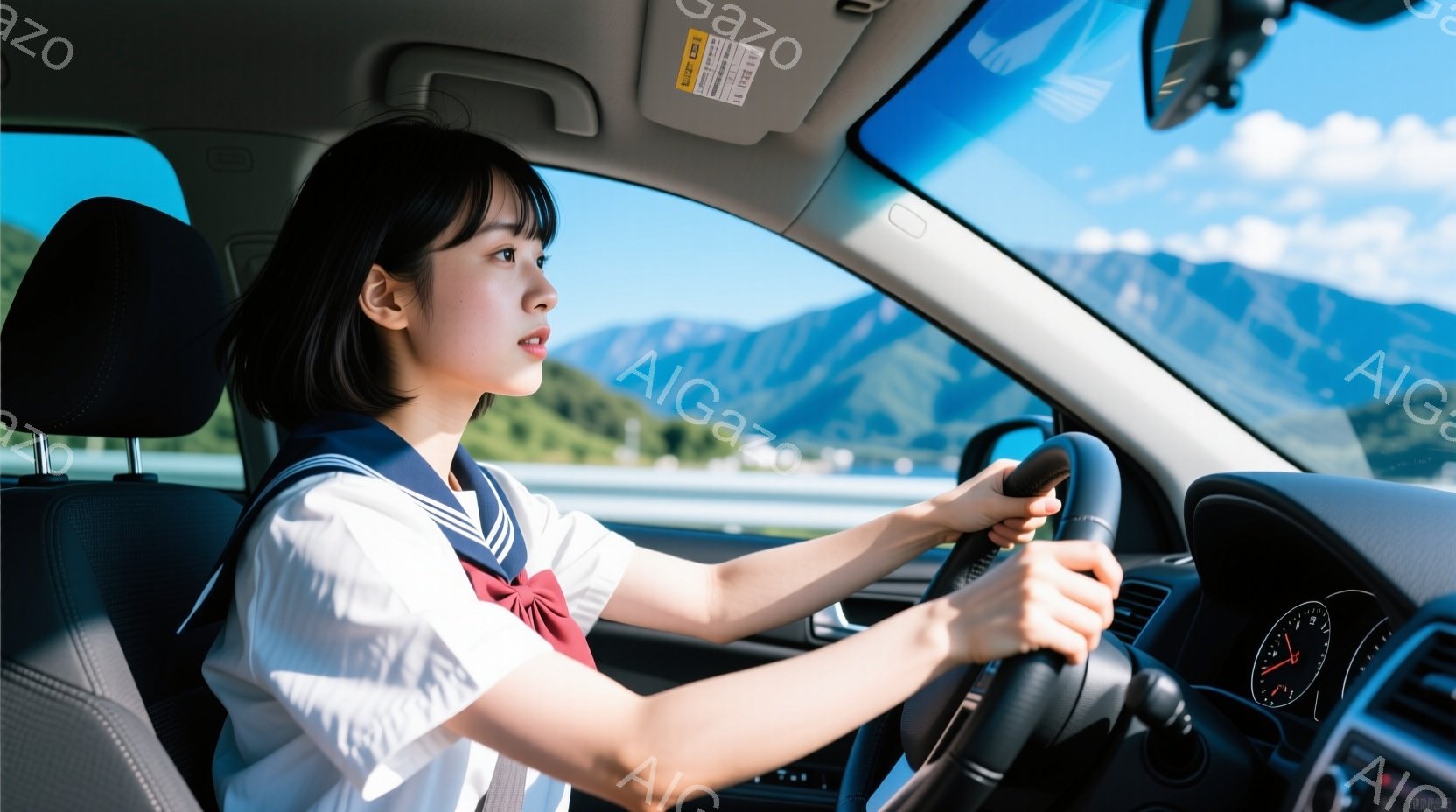 若い女性が運転席で運転している様子が写っています。彼女は白いシャツに赤いリボンをつけた制服を着ており、黒髪を肩まで伸ばしています。背景には青い空と山々が広がり、晴天で爽やかな雰囲気です。 - AI生成フリー素材