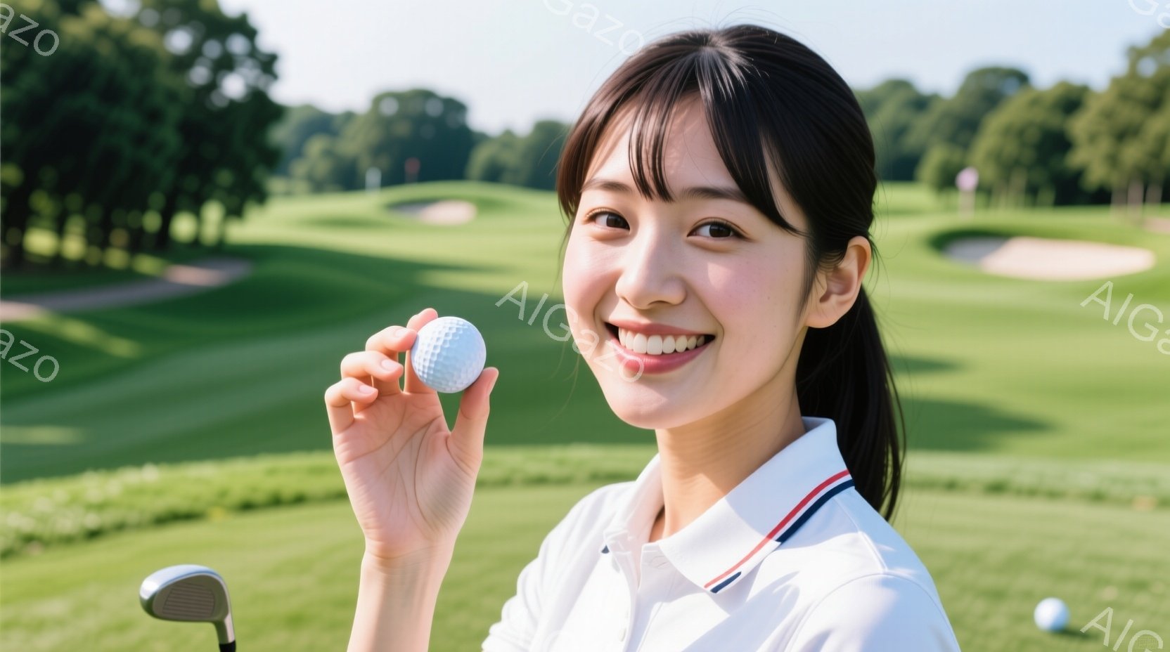 若い女性がゴルフボールを手に持ち、笑顔でカメラを見ている。彼女は白地に赤と青のラインが入った襟のポロシャツを着ており、髪は後ろでまとめて、爽やかな印象を与えている。背景には緑豊かなゴルフコースが広がり - AI生成フリー素材