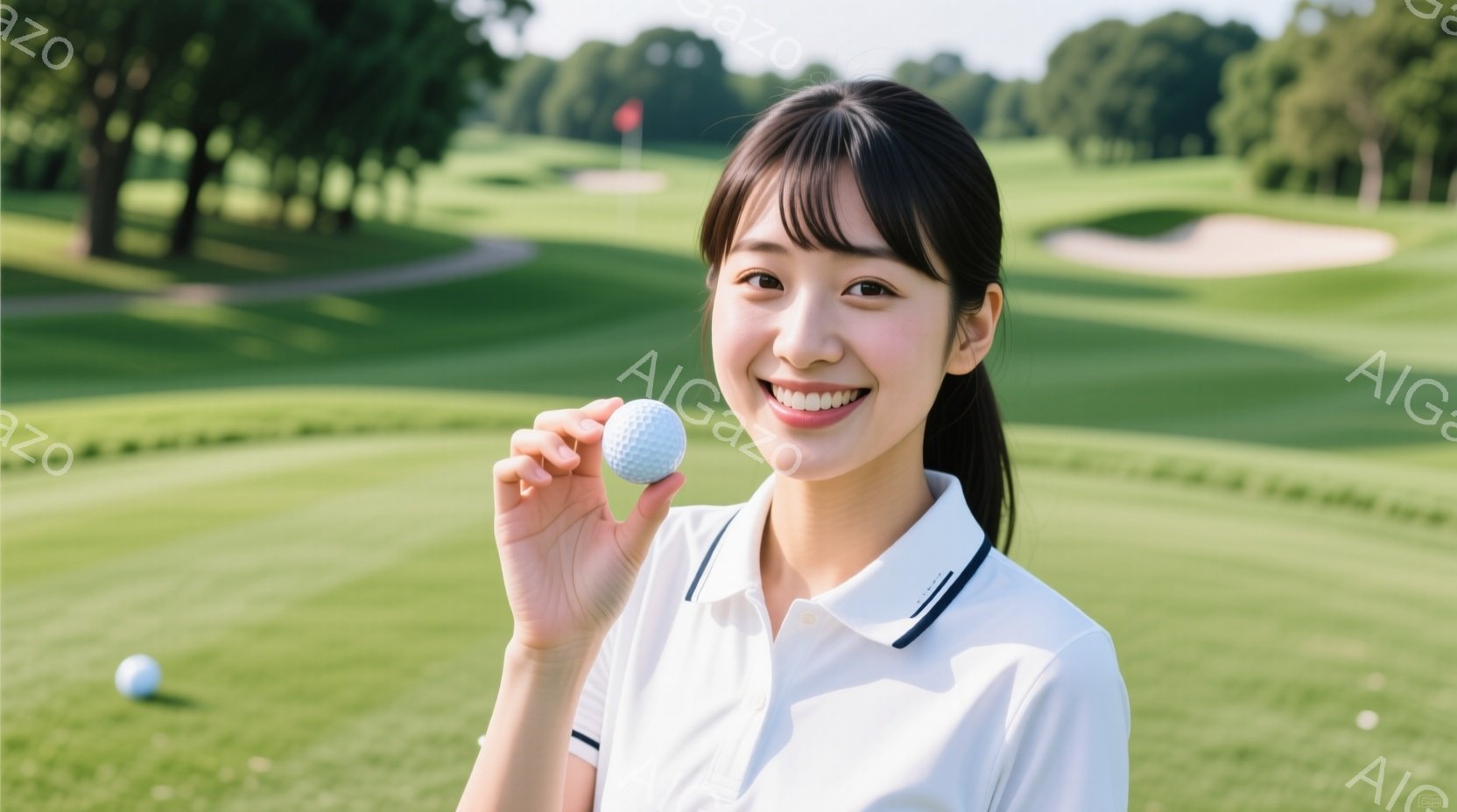 ゴルフコースで白いポロシャツを着た若い女性が写っています。彼女は笑顔でゴルフボールを片手に持ち、明るく親しみやすい表情をしています。背景には緑豊かなゴルフコースが広がり、晴れた空と青々とした芝生が広がっています。