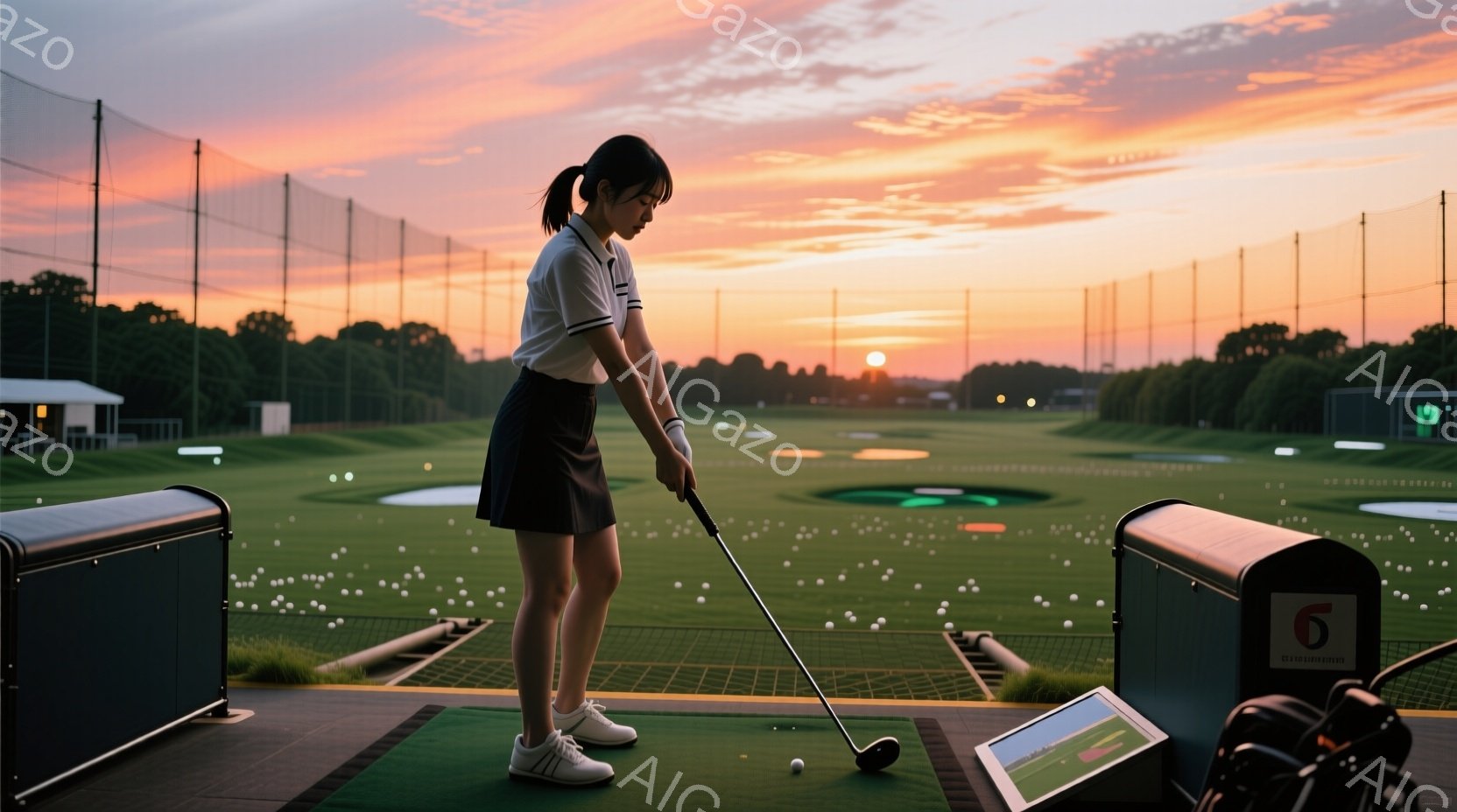 ゴルフ練習場にいる若い女性が、スイングの最中に捉えられています。彼女は白いポロシャツに黒のスカート、白いスニーカーを着用し、ロングヘアを後ろでまとめています。背景には緑のフェアウェイと、夕焼け空が広がり、練習場の構造物と合わせて、穏やかで集中した雰囲気を醸し出しています。
