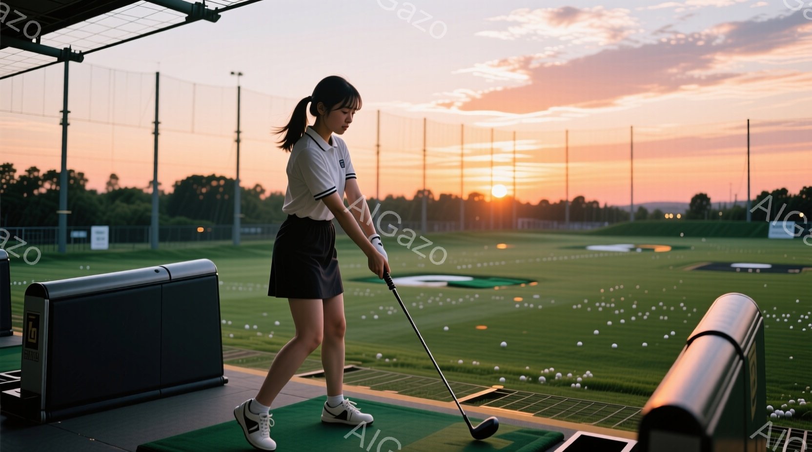 ゴルフ練習場にいる女性が、スイングの最中です。白いポロシャツに黒のスカート、スニーカーを履き、髪は後ろでポニーテールにまとめています。背景には、夕焼け空の下、緑のゴルフ練習場が広がり、打ち込まれた多く - AI生成フリー素材