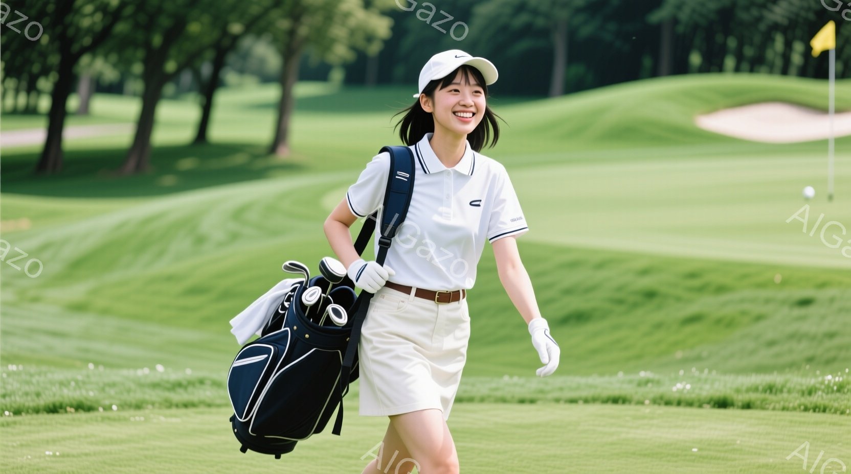 若い女性がゴルフコースを歩いており、白いポロシャツに白のスカート、それに帽子を着用しています。彼女はゴルフバッグを肩にかけ、笑顔でこちらを見ており、とても爽やかな印象を与えます。背景には緑豊かなゴルフ - AI生成フリー素材