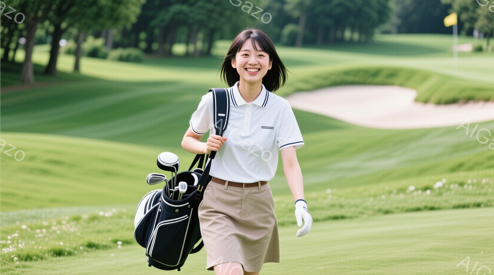 白いポロシャツにベージュのスカートを着用した女性が、ゴルフバッグを肩にかけて正面を見ながら歩いています。彼女は微笑んでおり、明るい表情で、髪は肩にかかる程度の長さで整えられています。背景には緑豊かなゴルフコースが広がり、晴天の下で穏やかな雰囲気が漂っています。