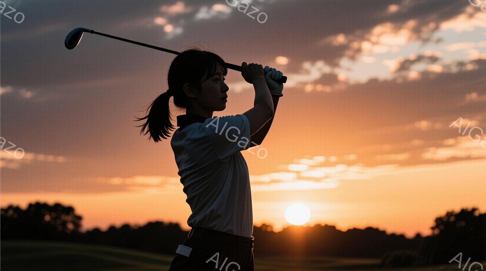 オレンジ色の夕焼けを背景に、ゴルフをする女性のシルエットが描かれている。彼女は黒い髪を後ろで束ね、白いゴルフウェアと黒いズボンを着用し、スイングの最中にいる。背景には、ゴルフコースの緑と夕焼けのグラデ - AI生成フリー素材