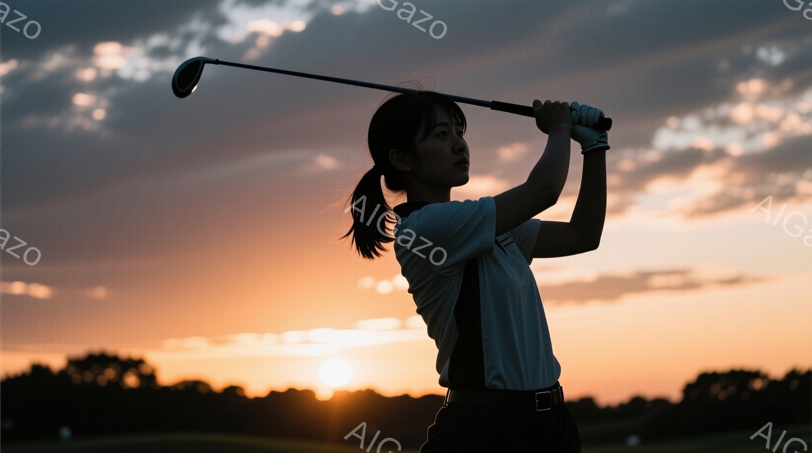 オレンジ色の夕焼けを背景に、女性がゴルフのスイングをしている姿が捉えられています。彼女は白のポロシャツと黒のパンツを着用し、髪は後ろで一つに結んでいます。スイングの頂点で力強い姿勢を見せ、集中した表情 - AI生成フリー素材