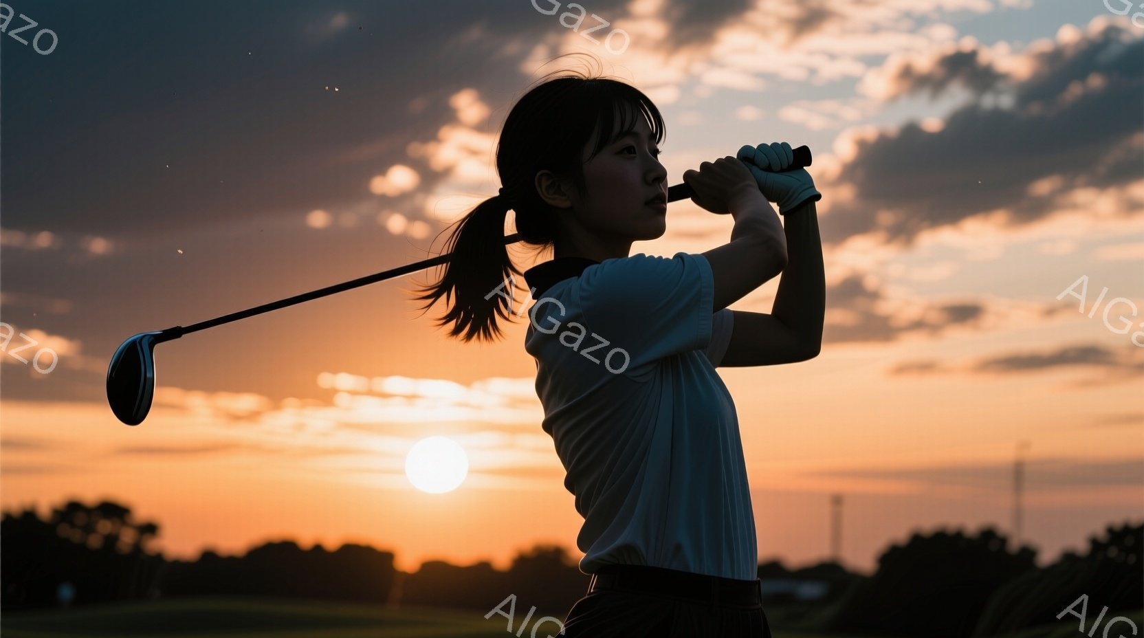太陽が沈む夕暮れ時に、ゴルフをする女性がシルエットで描かれている。彼女は白いポロシャツと黒いズボンを着用し、髪をポニーテールにしている。スイングの最中で、集中した表情でボールを見据えている様子がうかが - AI生成フリー素材