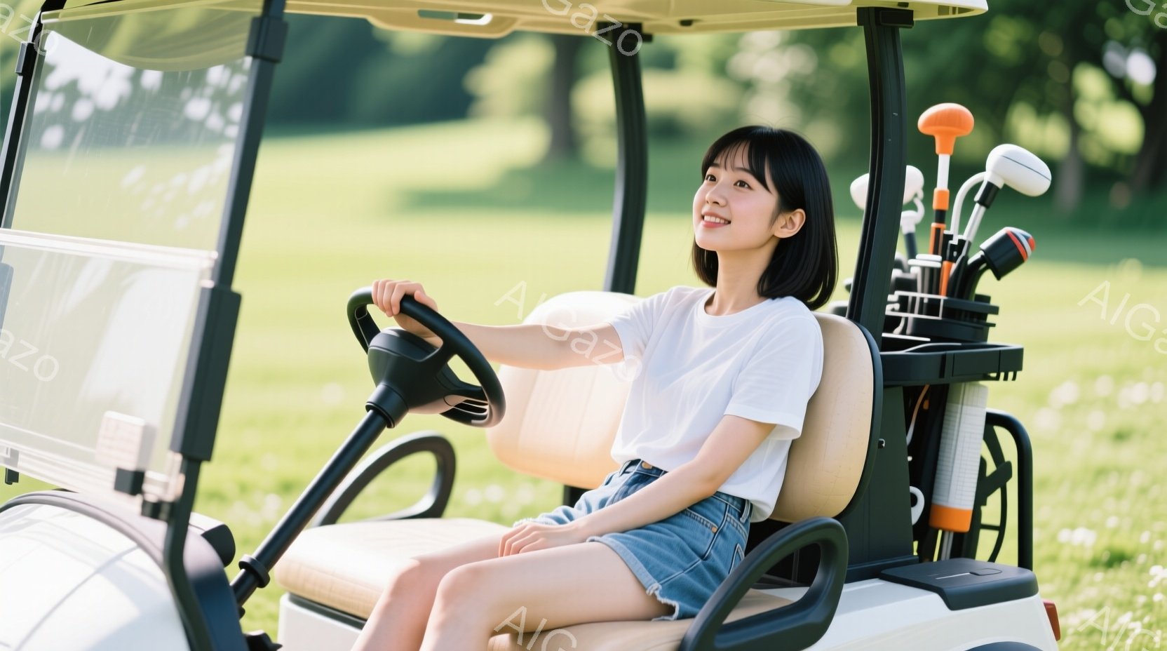若い女性がゴルフカートの運転席に座り、穏やかな笑顔を浮かべている。白いTシャツとデニムのミニスカートを着ており、短めの黒髪は肩にかかっている。背景には緑豊かなゴルフコースが広がり、晴天の下でゴルフを楽 - AI生成フリー素材