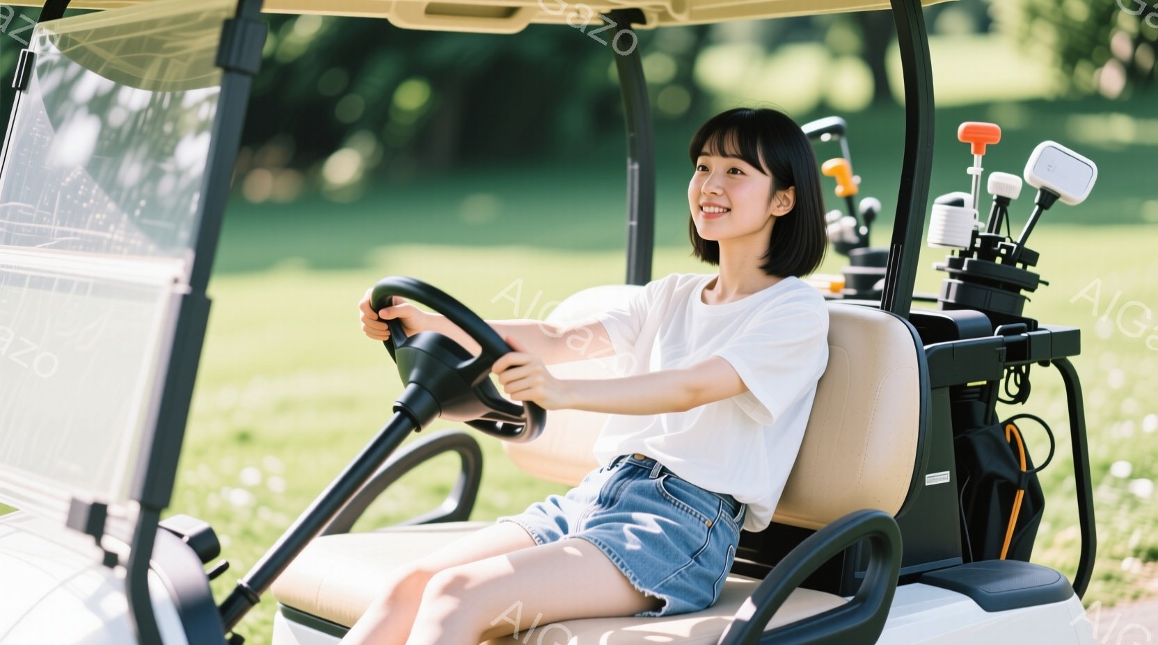 若い女性がゴルフカートを運転している様子が写っています。白いTシャツとデニムのショートパンツを着用し、短い黒髪で、明るい笑顔を浮かべています。背景は緑豊かなゴルフコースで、晴天の下、爽やかな雰囲気が漂 - AI生成フリー素材