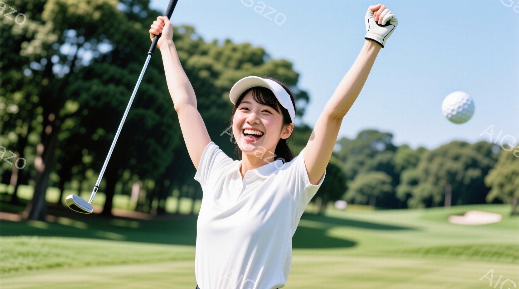 白いポロシャツに白い帽子を被った若い女性が、ゴルフ場で両手を高く上げて喜んでいます。彼女はゴルフクラブを握り、顔には満面の笑みが浮かび、とても嬉しそうな表情をしています。背景には緑のゴルフコースが広が - AI生成フリー素材