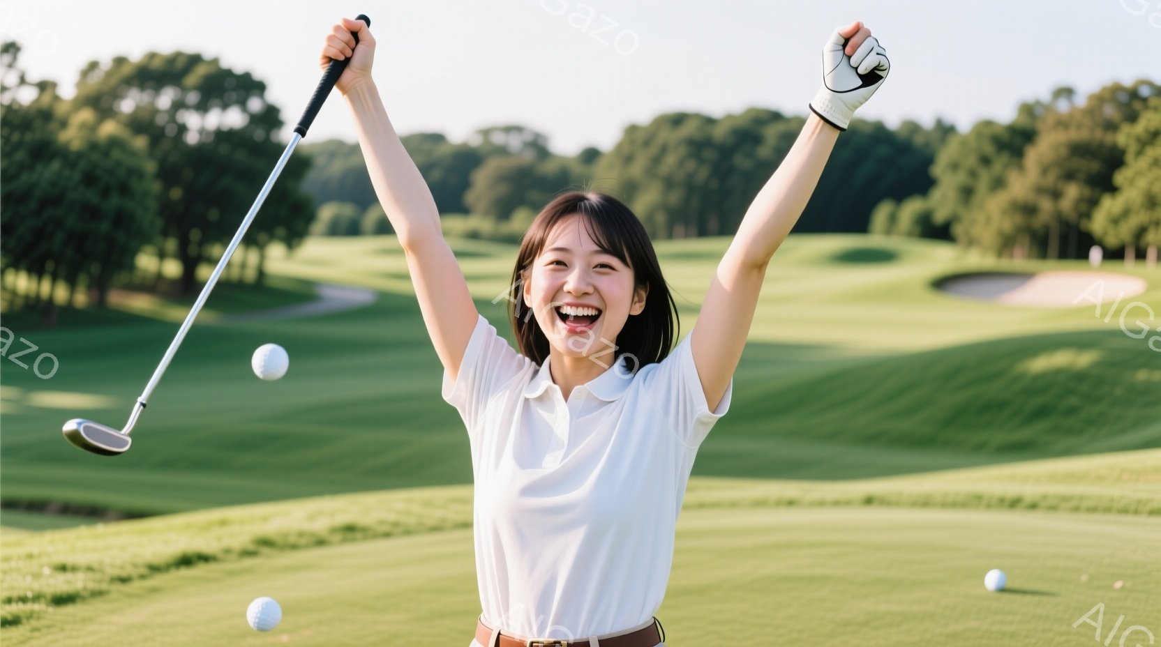 若い女性がゴルフ場で勝利の雄叫びを上げている様子が写っている。白のポロシャツに茶色のベルト、そしてダークカラーのパンツを着用し、髪は肩までの長さでストレート。背景には緑豊かなゴルフコースが広がり、晴天の下で明るい雰囲気が漂っている。