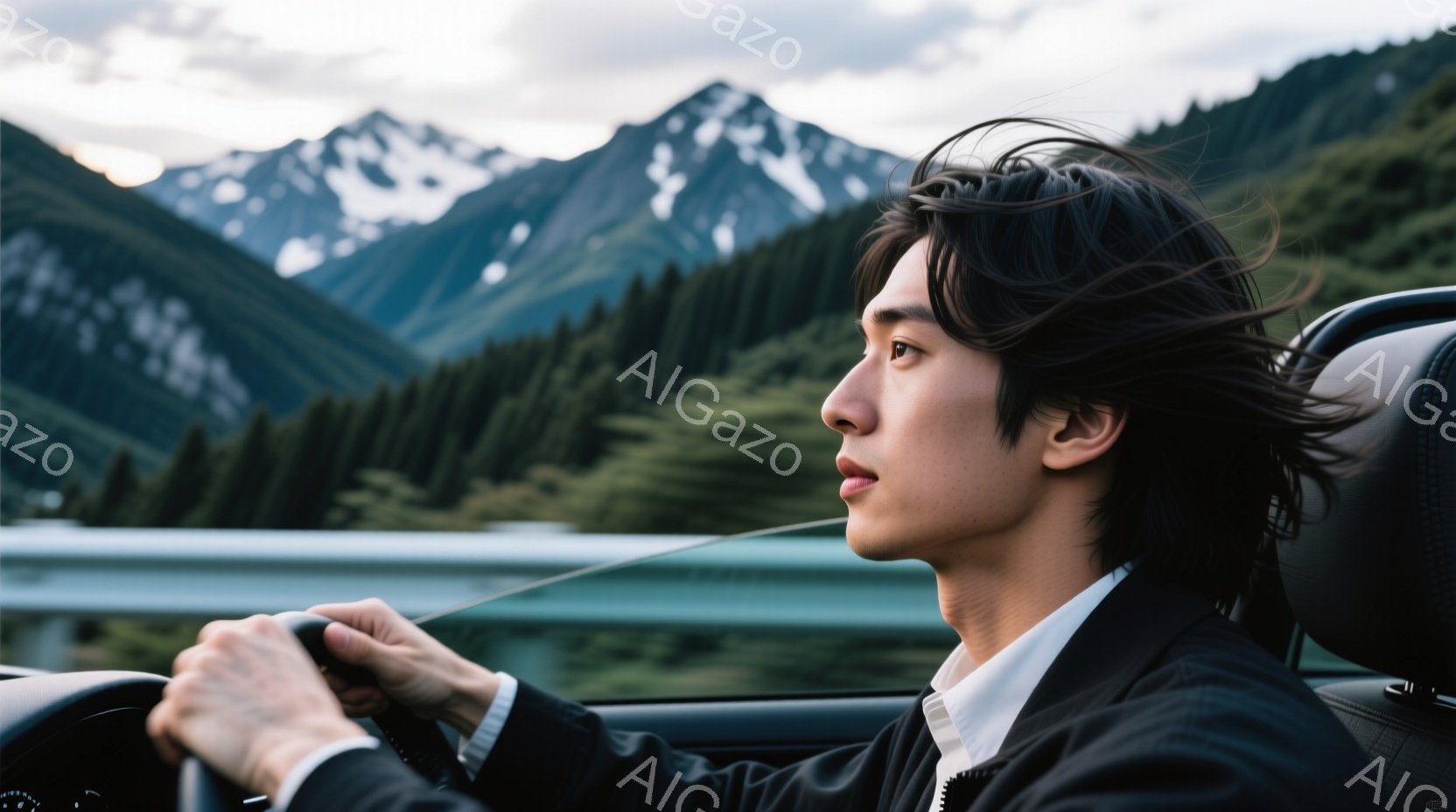 若い男性が車を運転しており、フォーマルなスーツと白いシャツを着ています。彼の髪型は少し長めで無造作にセットされ、横顔は自信と落ち着きを感じさせます。背景には緑豊かな山々と水辺が広がり、晴天の下、爽やか - AI生成フリー素材