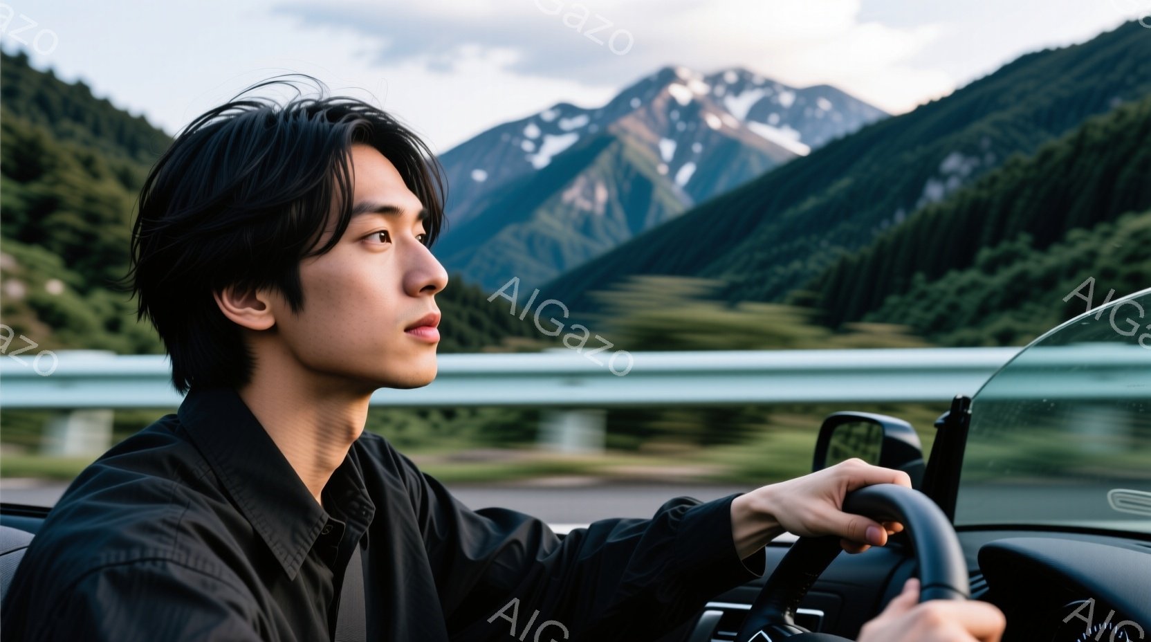 若い男性が車を運転している様子が写っている。彼は黒いジャケットを着ており、ダークトーンの髪は少し長めで、前髪が少しかかっている。背景には雪を抱いた山々と緑豊かな風景が広がり、車は高速道路を走っているよ - AI生成フリー素材