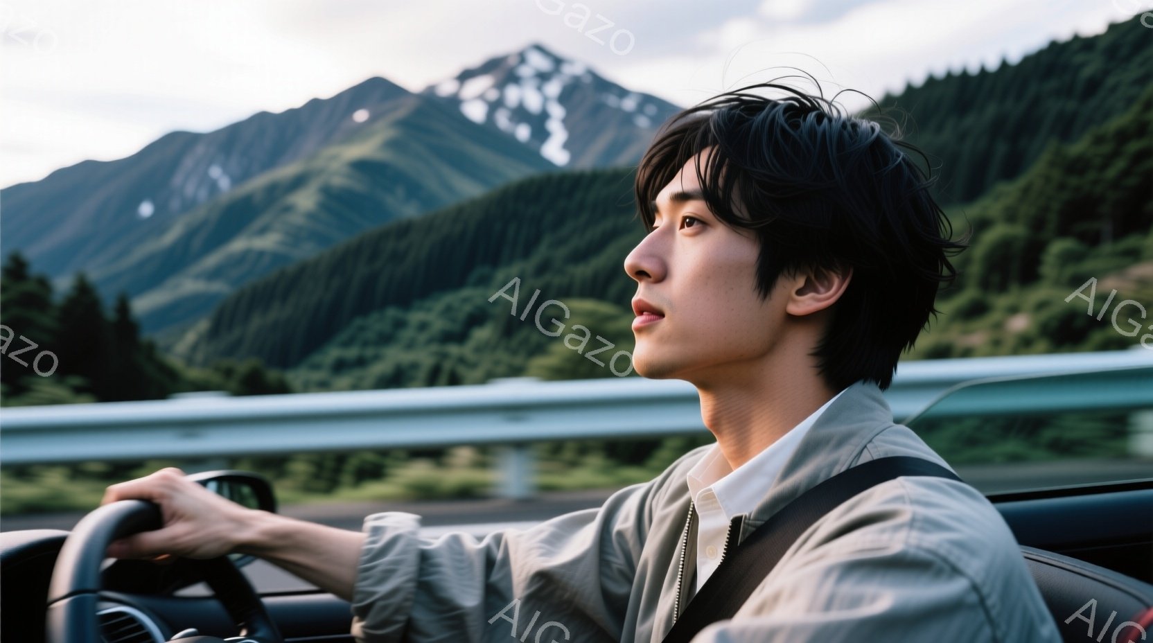 若い男性が車を運転しており、白いシャツに薄い緑色のジャケットを羽織っています。彼は黒髪で、やや横に流したヘアスタイルで、視線は前方を見て少し憂いを帯びた表情をしています。背景には、緑豊かな山々が広がり - AI生成フリー素材