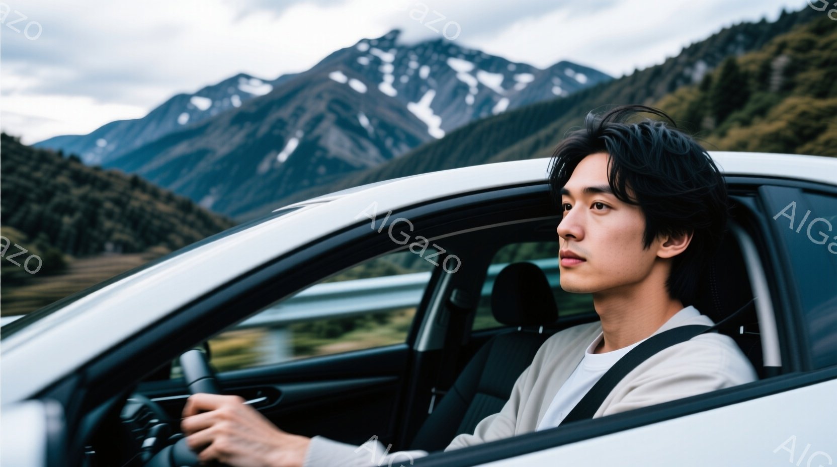 若い男性が運転席でハンドルを握り、少し横を向いて遠くを見つめている。彼は白いシャツにベージュ色のジャケットを着ており、黒髪を無造作にセットしている。背景には雪を抱いた山々が広がり、天候は晴れで、爽やか - AI生成フリー素材