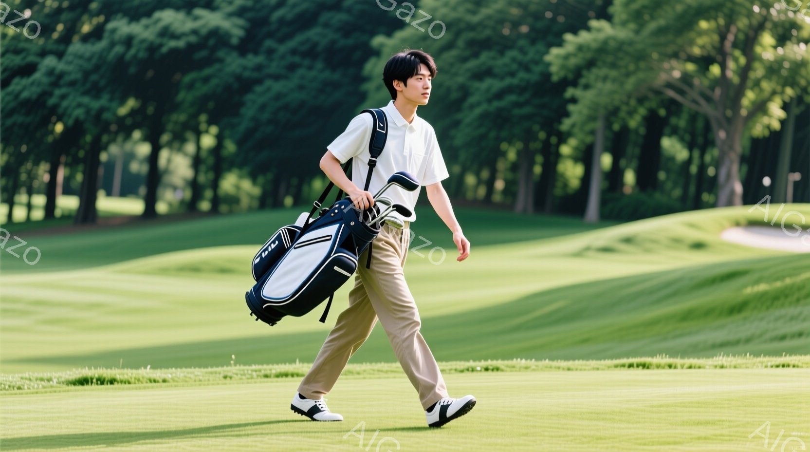 若い男性がゴルフコースを歩いている様子が写っている。彼は白いシャツにベージュ色のズボン、ゴルフシューズを着用し、肩にゴルフバッグをかけている。背景には緑豊かな芝生と木々が広がり、晴れた空の下、爽やかな - AI生成フリー素材