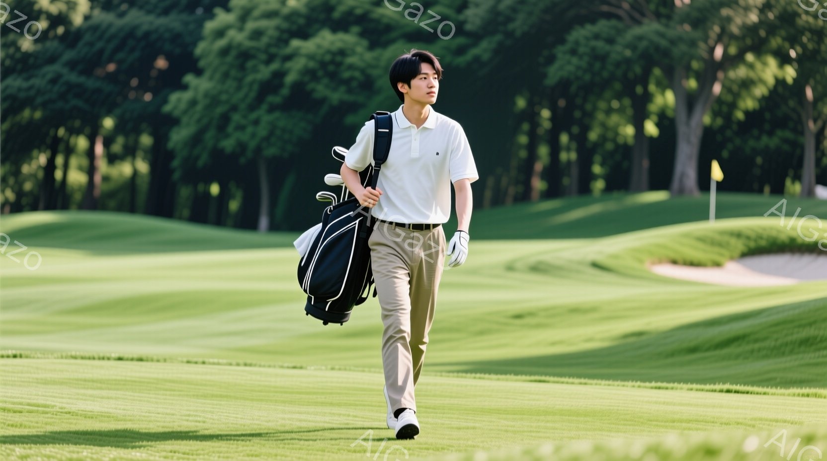 若い男性がゴルフ場を歩いている。彼は白いポロシャツ、ベージュ色のズボン、白いスニーカーを着用し、ゴルフバッグを肩にかけている。背景には緑豊かな芝生と木々が生い茂り、晴れた日の穏やかなゴルフ場の雰囲気が - AI生成フリー素材