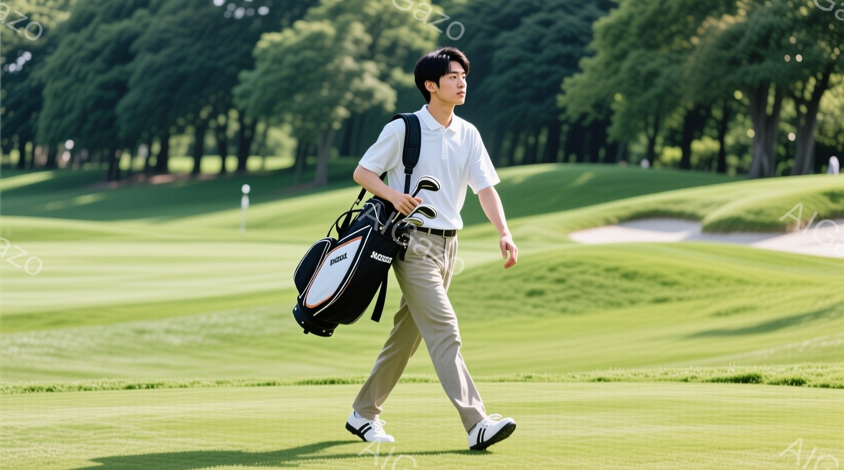 若い男性がゴルフコースを歩いている様子が写っている。彼は白いポロシャツ、ベージュ色のズボン、白いスニーカーを着用し、肩にゴルフバッグをかけている。背景には緑豊かなゴルフコースと青空が広がり、晴れた日の - AI生成フリー素材
