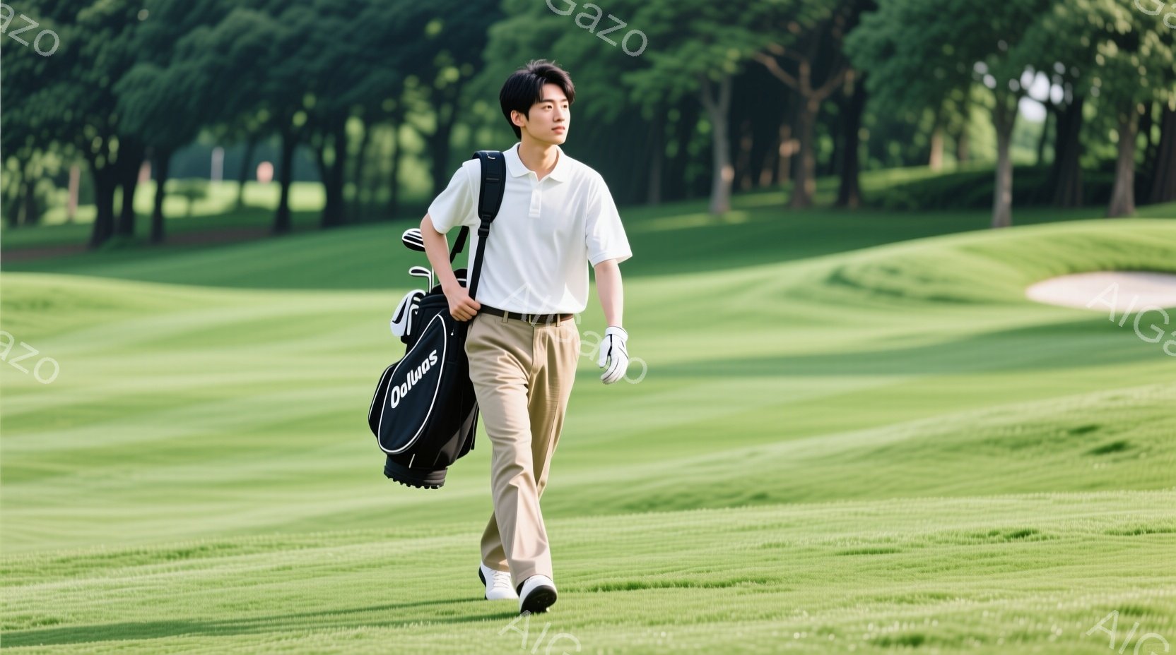 若い男性がゴルフコースを歩いている。彼は白いポロシャツ、ベージュ色のズボン、白いゴルフシューズを着用し、肩にアディダスのゴルフバッグをかけている。背景には緑豊かなゴルフコースと木々が見え、晴天で穏やかな雰囲気である。