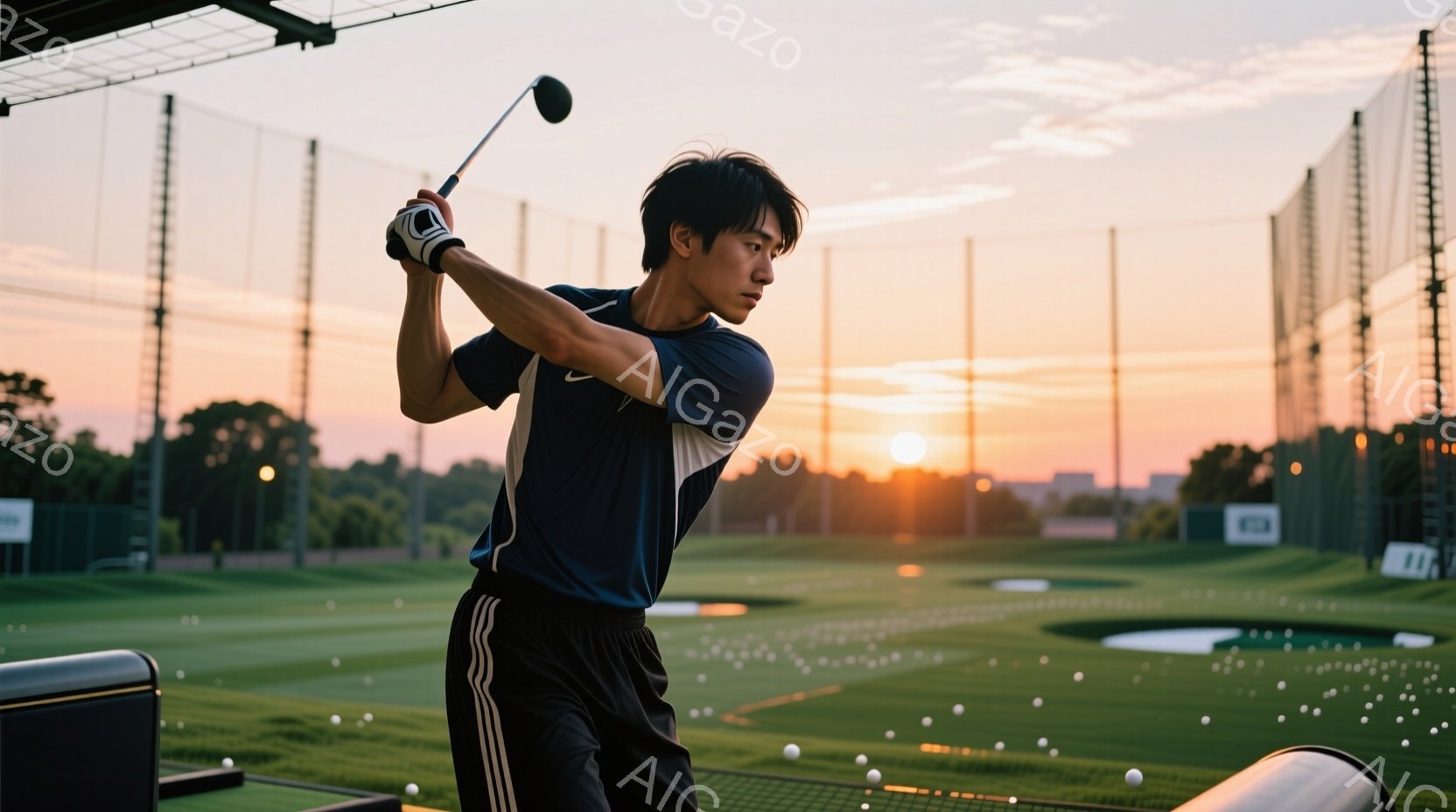 ゴルフ練習場にいる若い男性が、スイングの最中です。濃紺のシャツに黒いパンツ姿で、髪は短く整えられ、集中した表情で力強くクラブを振っています。背景には緑の芝生と、夕焼けに照らされたゴルフコース、そして遠 - AI生成フリー素材