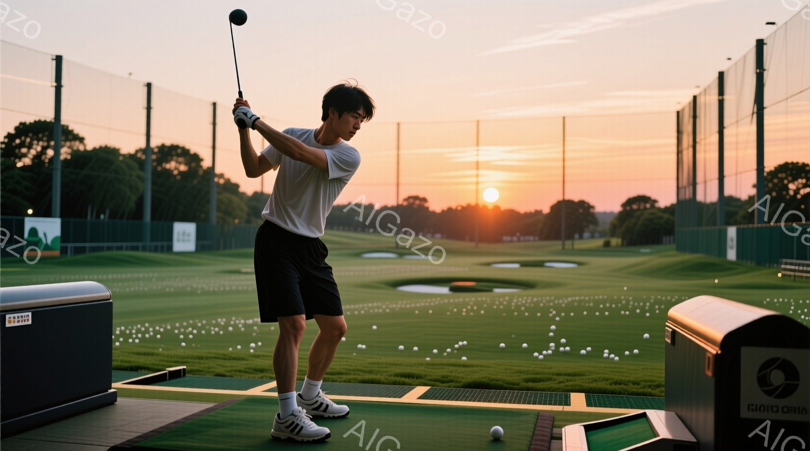 若い男性がゴルフ練習場でスイングしている様子が写っている。彼は白のTシャツと黒の短パン、白い靴と靴下を着用し、短く整えられた黒髪をしている。背景には緑の芝生と、夕焼け空が広がり、穏やかで集中した雰囲気が漂っている。