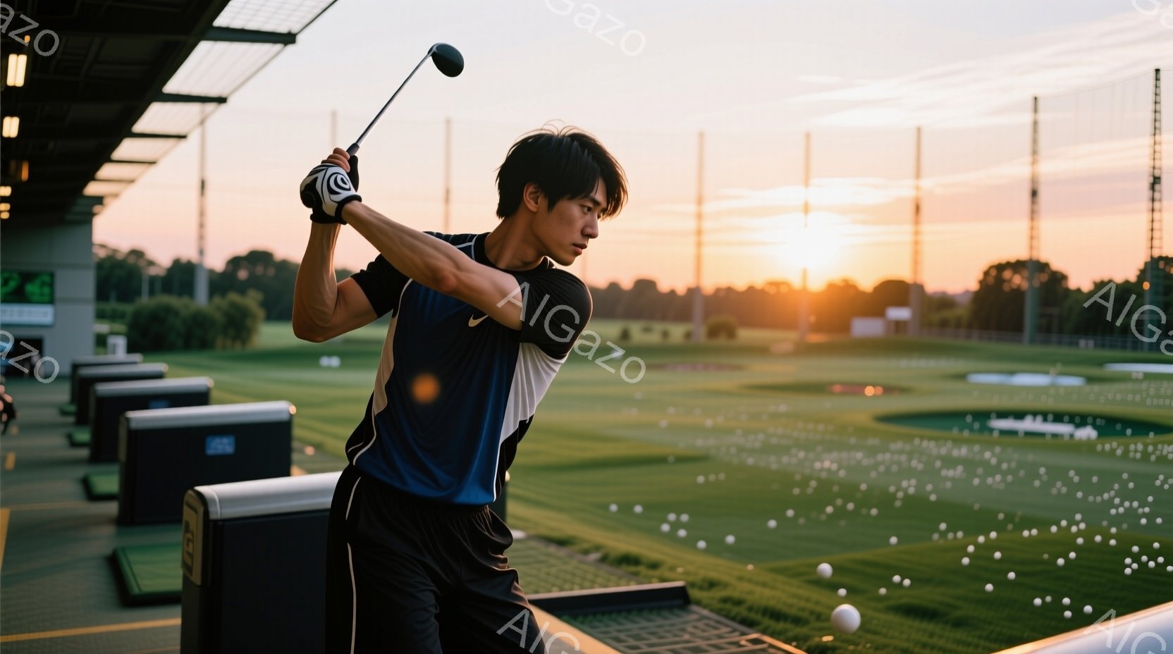 ゴルフ練習場にいる男性がスイングしている様子が写っている。彼は紺色と白のポロシャツと黒い短パンを身につけ、短髪で、集中した表情でゴルフボールを打っている。背景には緑のゴルフコースと夕焼け空が広がり、多くのゴルフボールが空中に舞っている様子から、活気ある練習風景が伝わってくる。