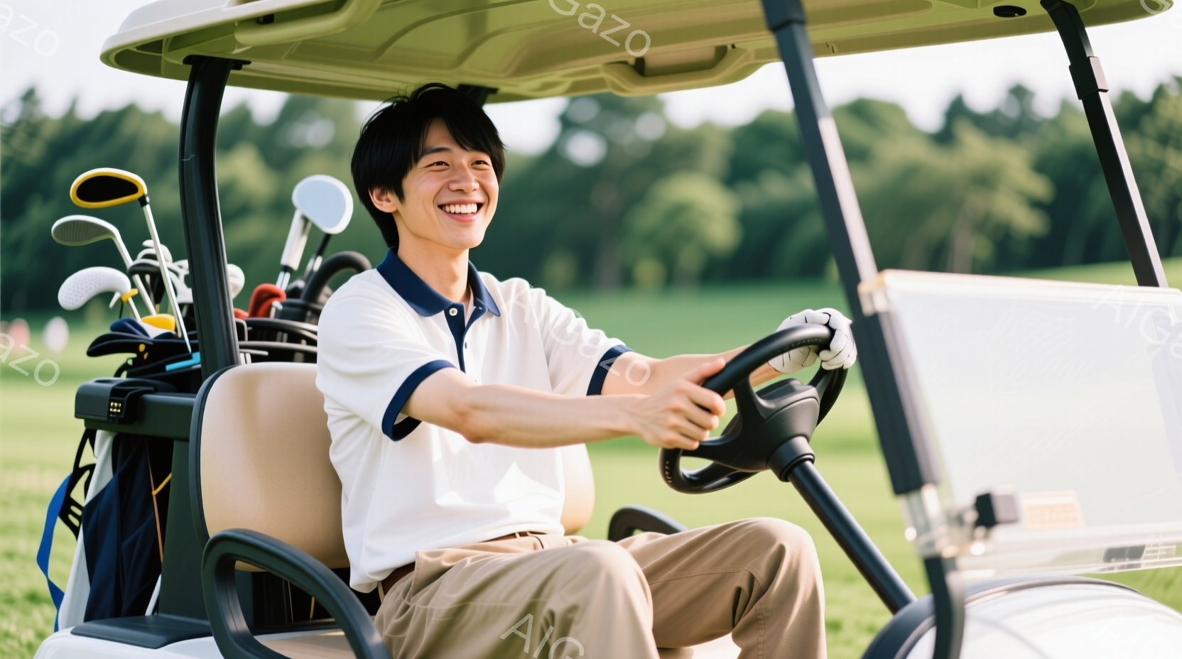若い男性がゴルフカートを運転しており、白いポロシャツとベージュのパンツを着用しています。彼は笑顔で、少し顔を上げて、運転を楽しんでいる様子です。背景には緑豊かなゴルフコースが広がり、晴天で穏やかな一日であることが伺えます。